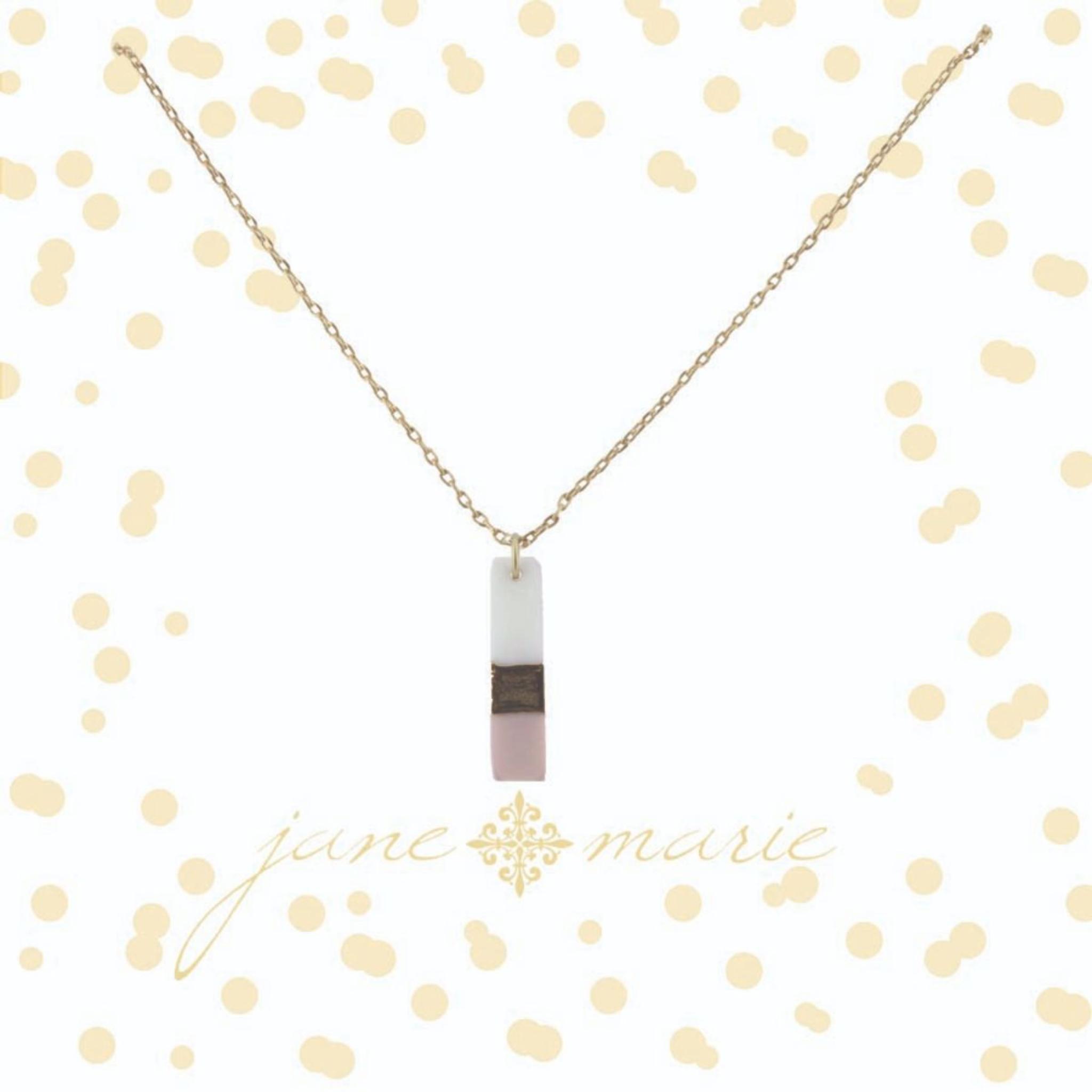 16" Colorblock Pink, White, Gold Small Rectangle Necklace, 3" Ext