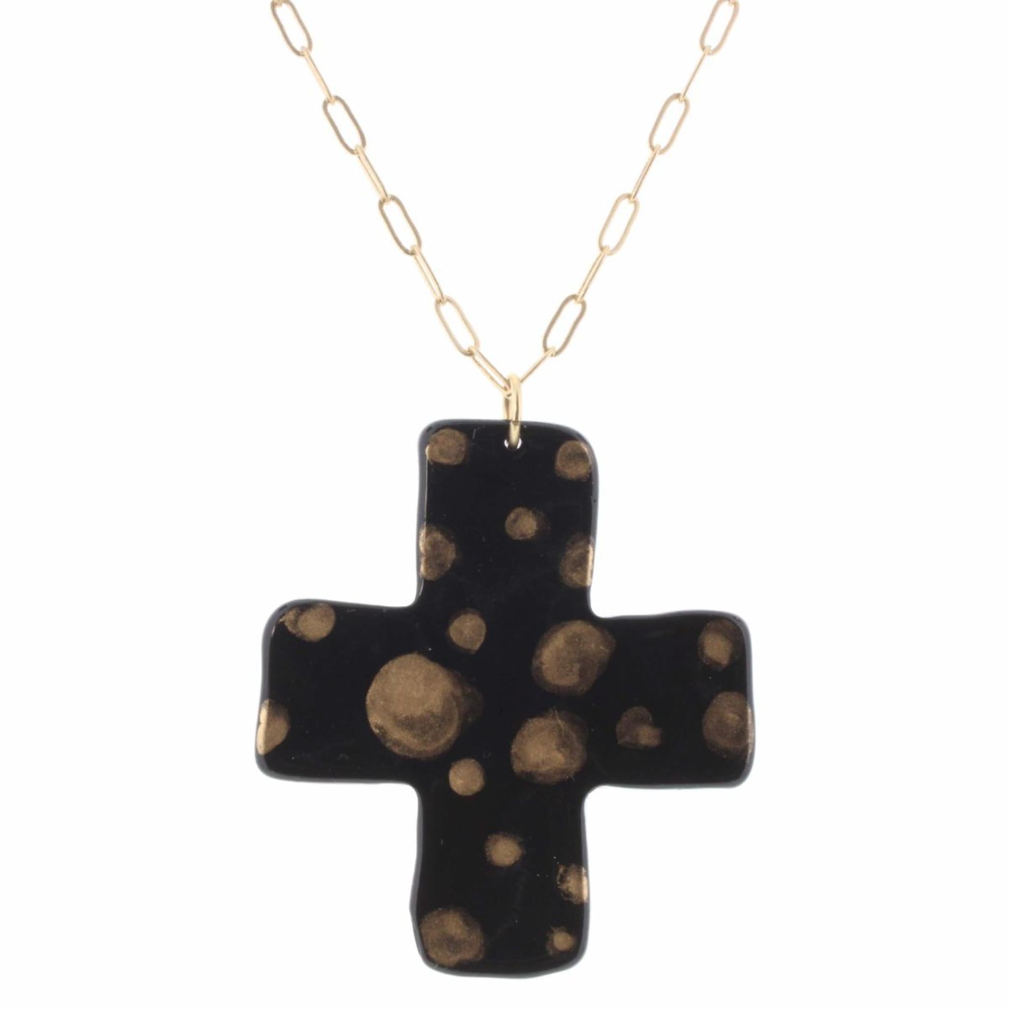 30" Black Cross with Gold Dots Necklace, 3" Ext