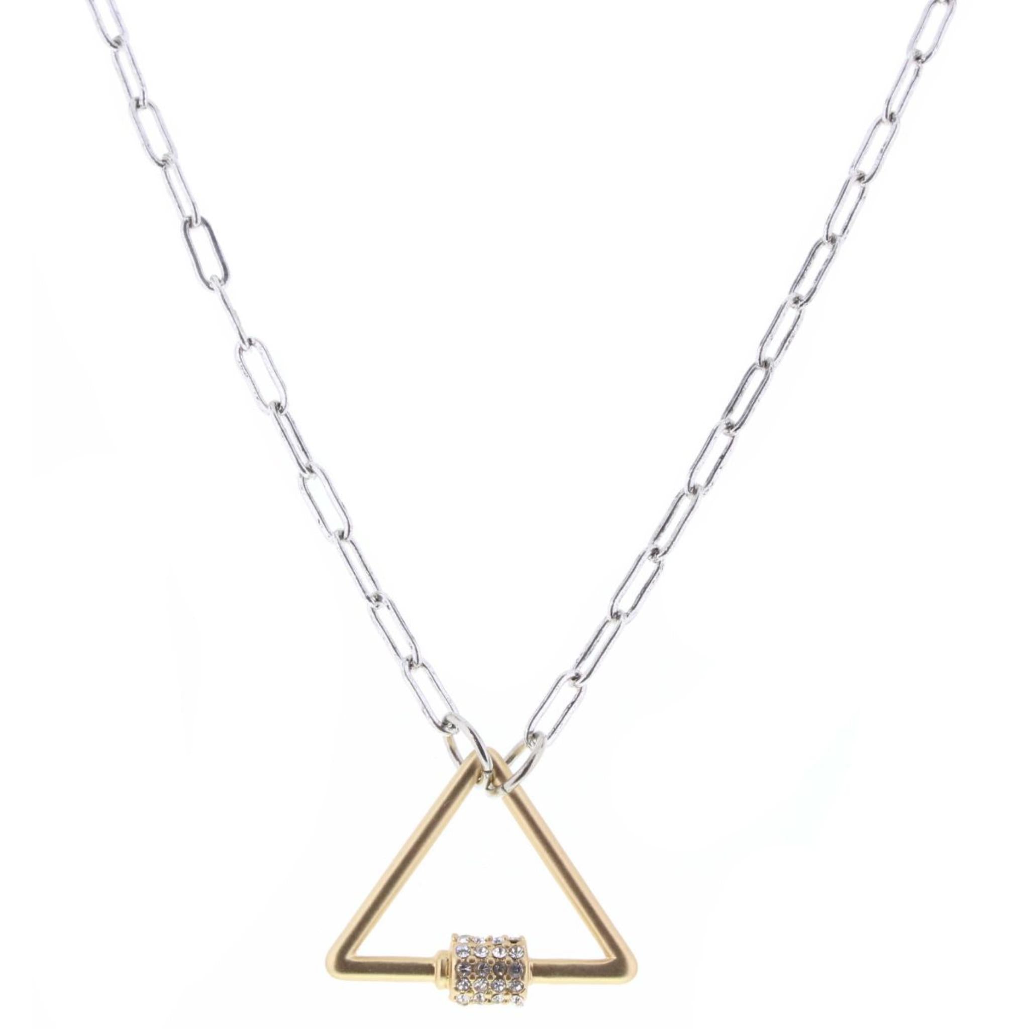 16" Matte Gold Triangle Carabiner on Silver Necklace, 3" Ext