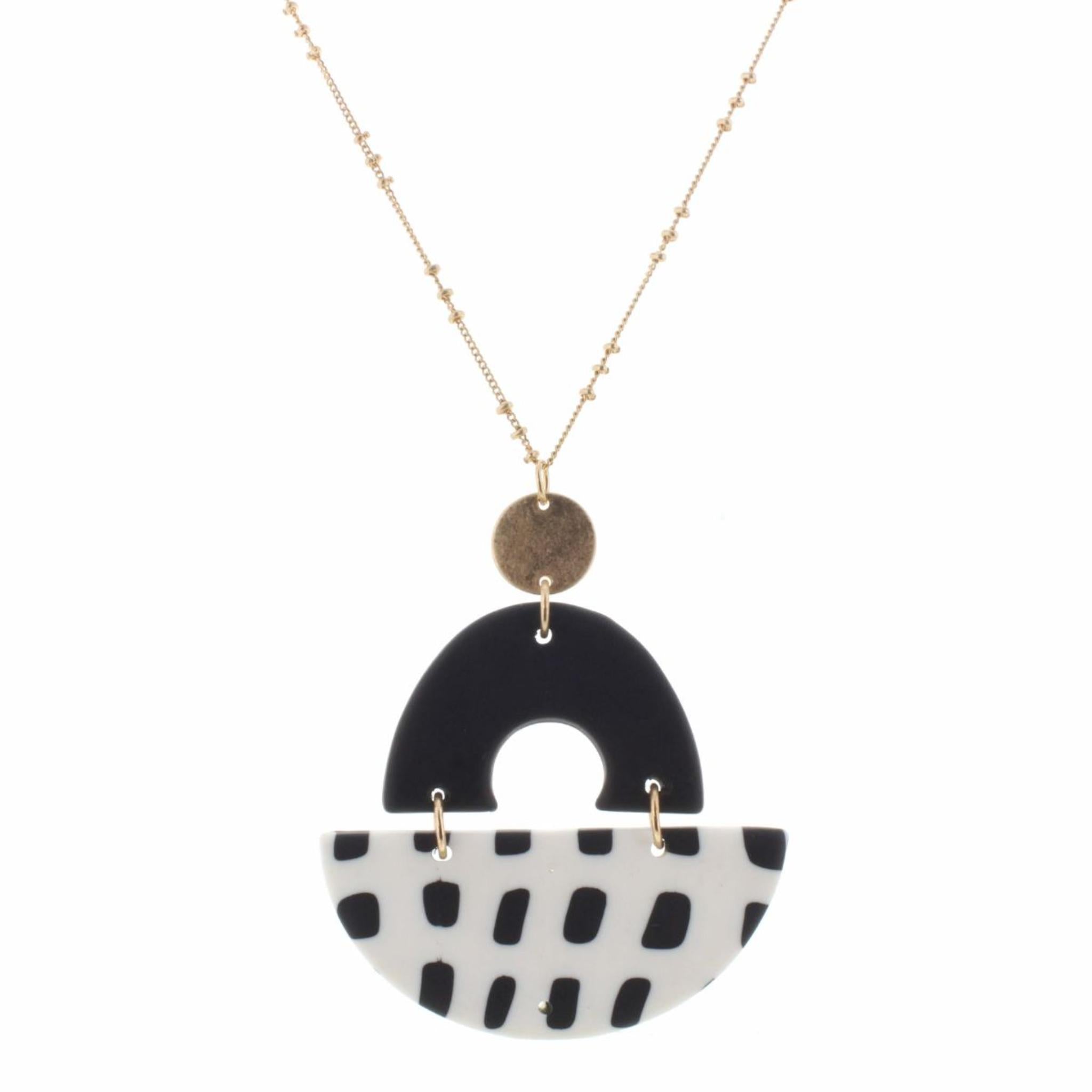 30" Polymer Black Arch with White Half Circle with Black Dots Necklace, 3" Ext