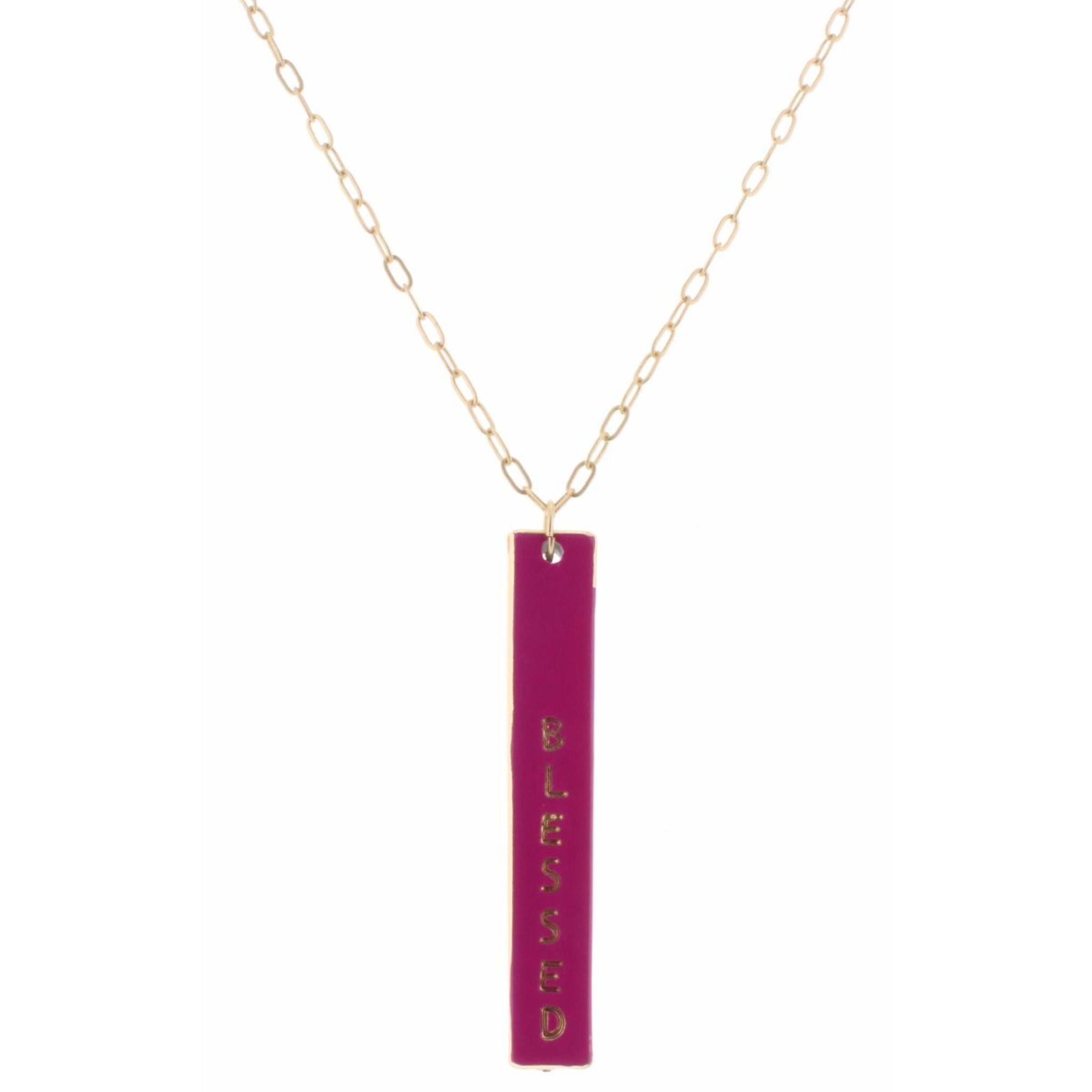 30" Hot Pink Enamel "Blessed" Double SIded Bar with Cross on Back Necklace, 3" Ext
