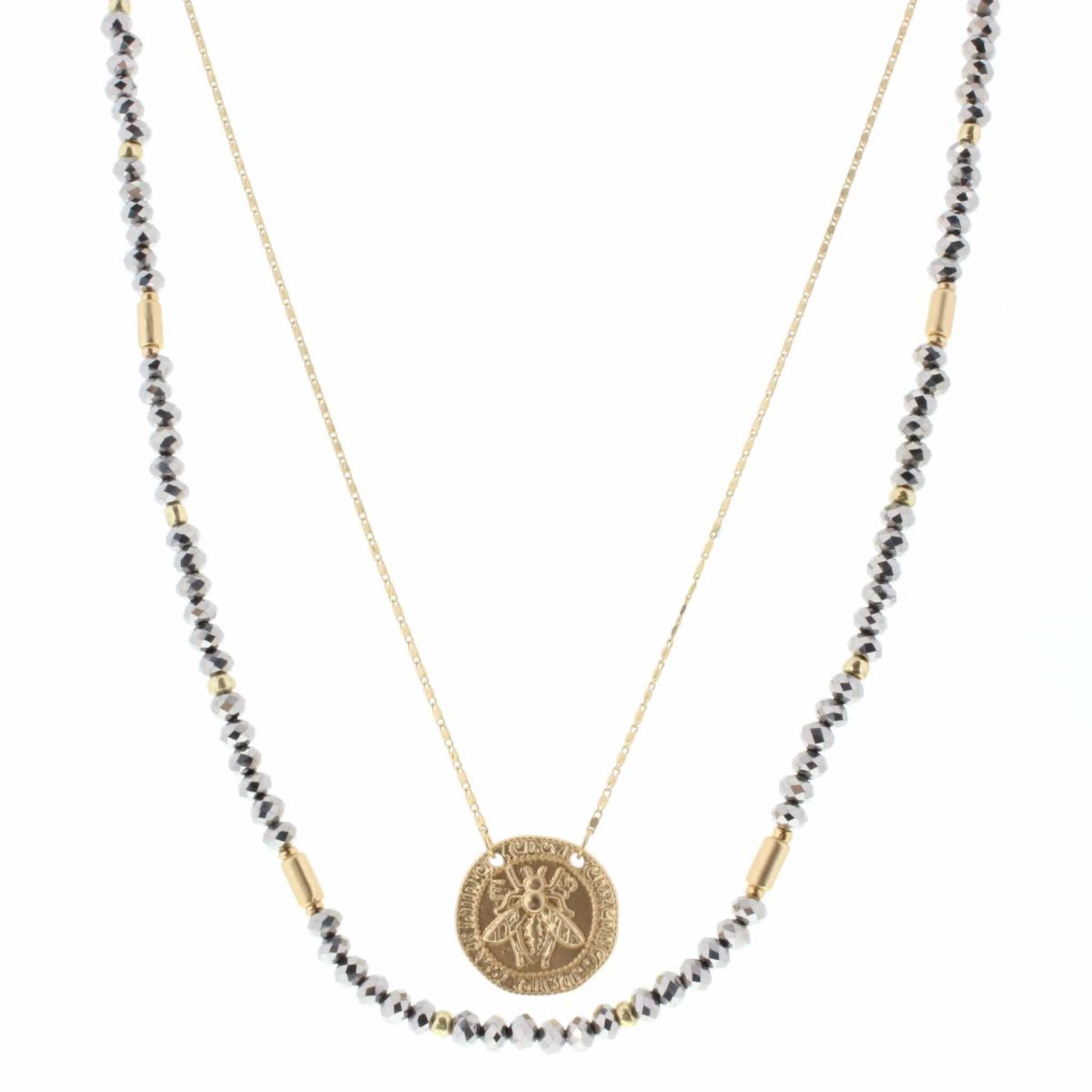 16", 18" 2 Layer Hematite Beaded, Gold Chain with Bee Circle Necklace, 3" Ext