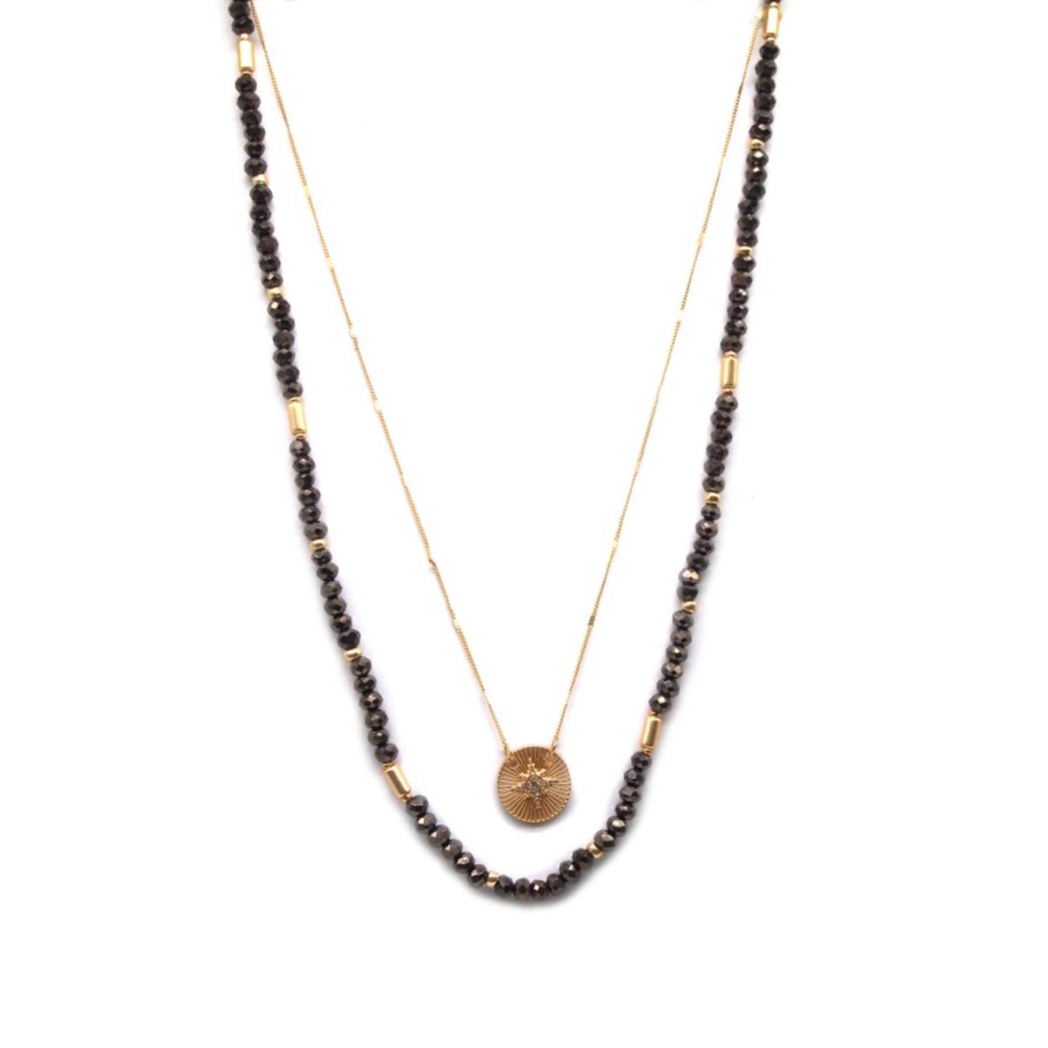 16", 18" 2 Layer Chocolate Beaded, Gold Chain with Star with Crystal Accents Circle Necklace, 3" Ext