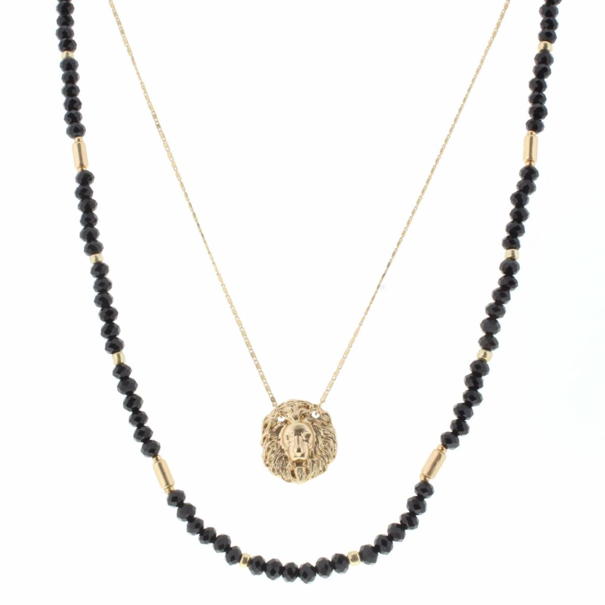16", 18" 2 Layer Jet Beaded, Gold Chain with Lion Head Necklace, 3" Ext