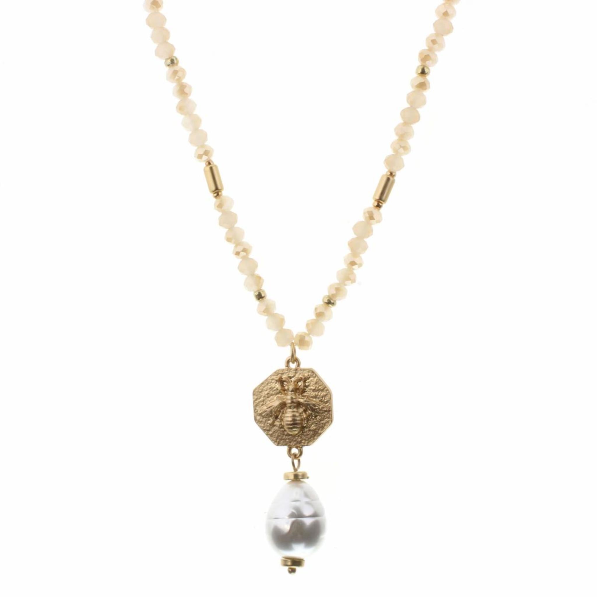 30" Hexagon Bee with Pearl Drop on Rose Body Necklace, 2" Ext
