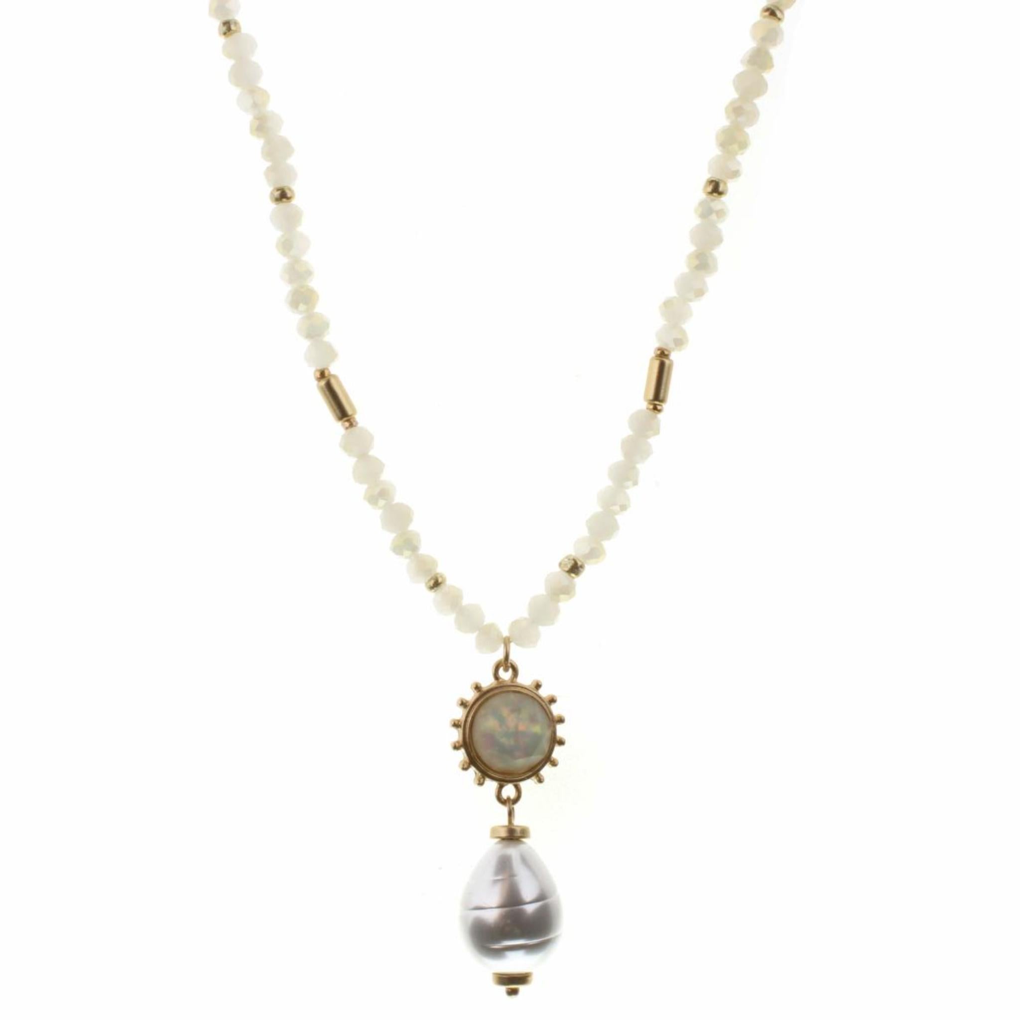30" Iridescent Burst with Pearl Drop on Two Tone Champagne Body Necklace, 2" Ext