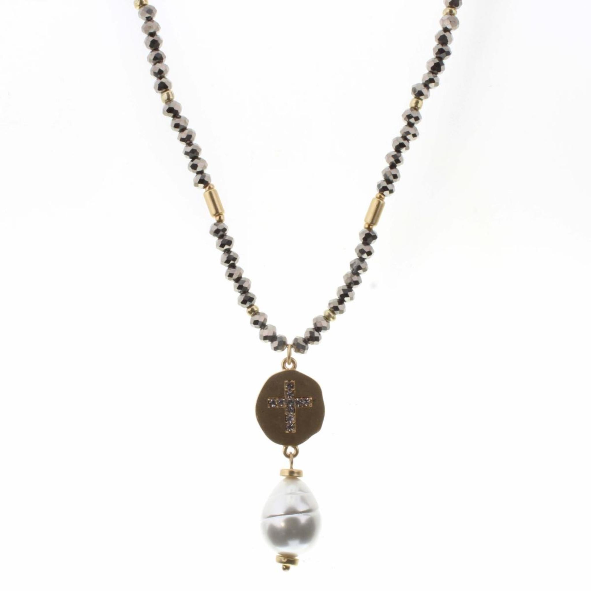 30" Clear Rhinestone Cross on Gold Plate with Pearl Drop on Hematite Body Necklace, 2" Ext