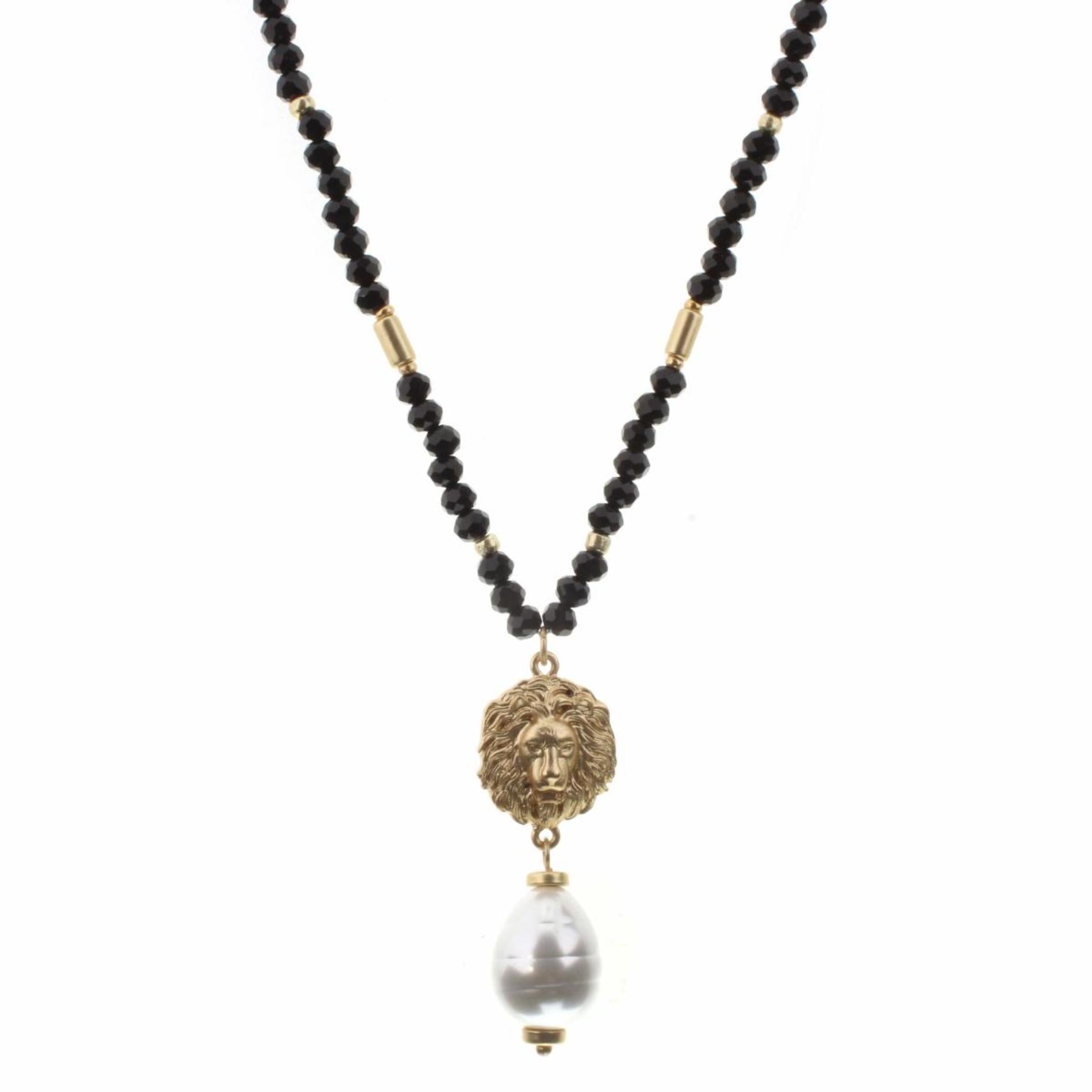 30" Lion Head with Pearl Drop on Jet Body Necklace, 2" Ext