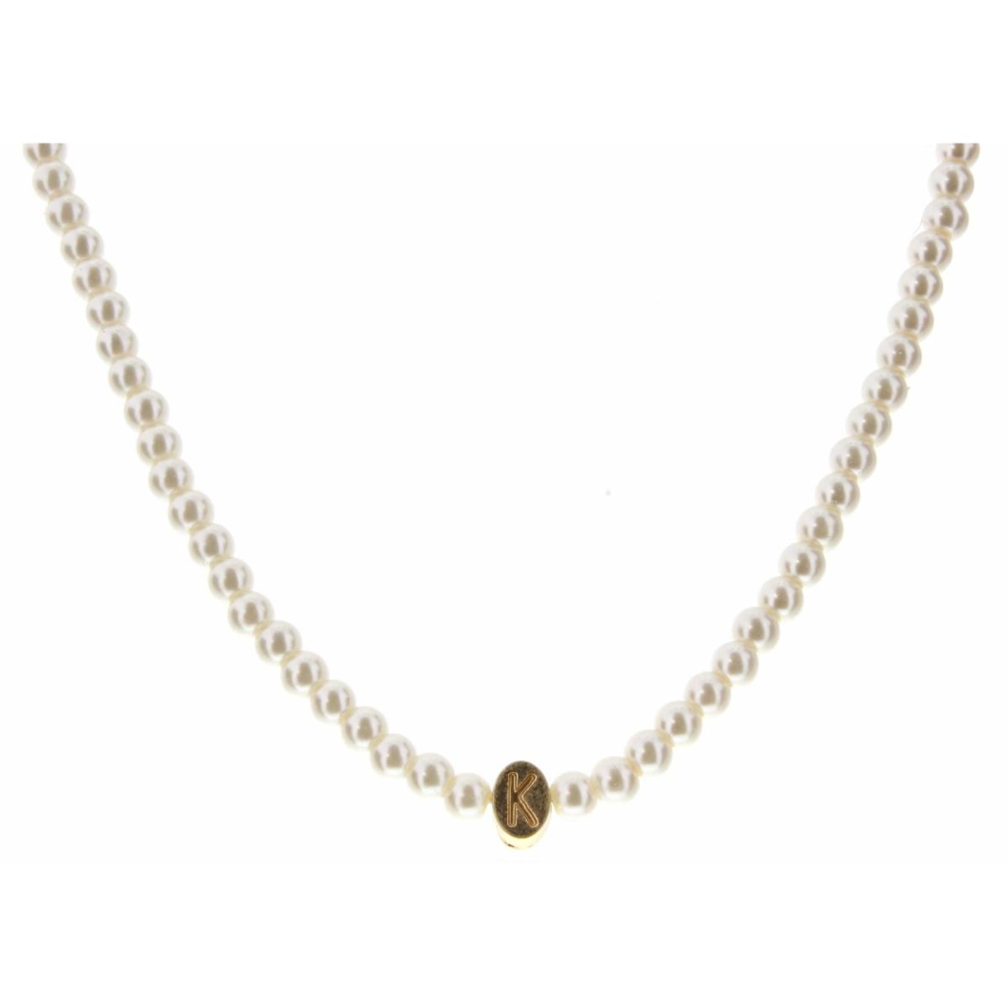 Kids 14" Gold "K" Initial on Pearl Strand Necklace, 3" Ext