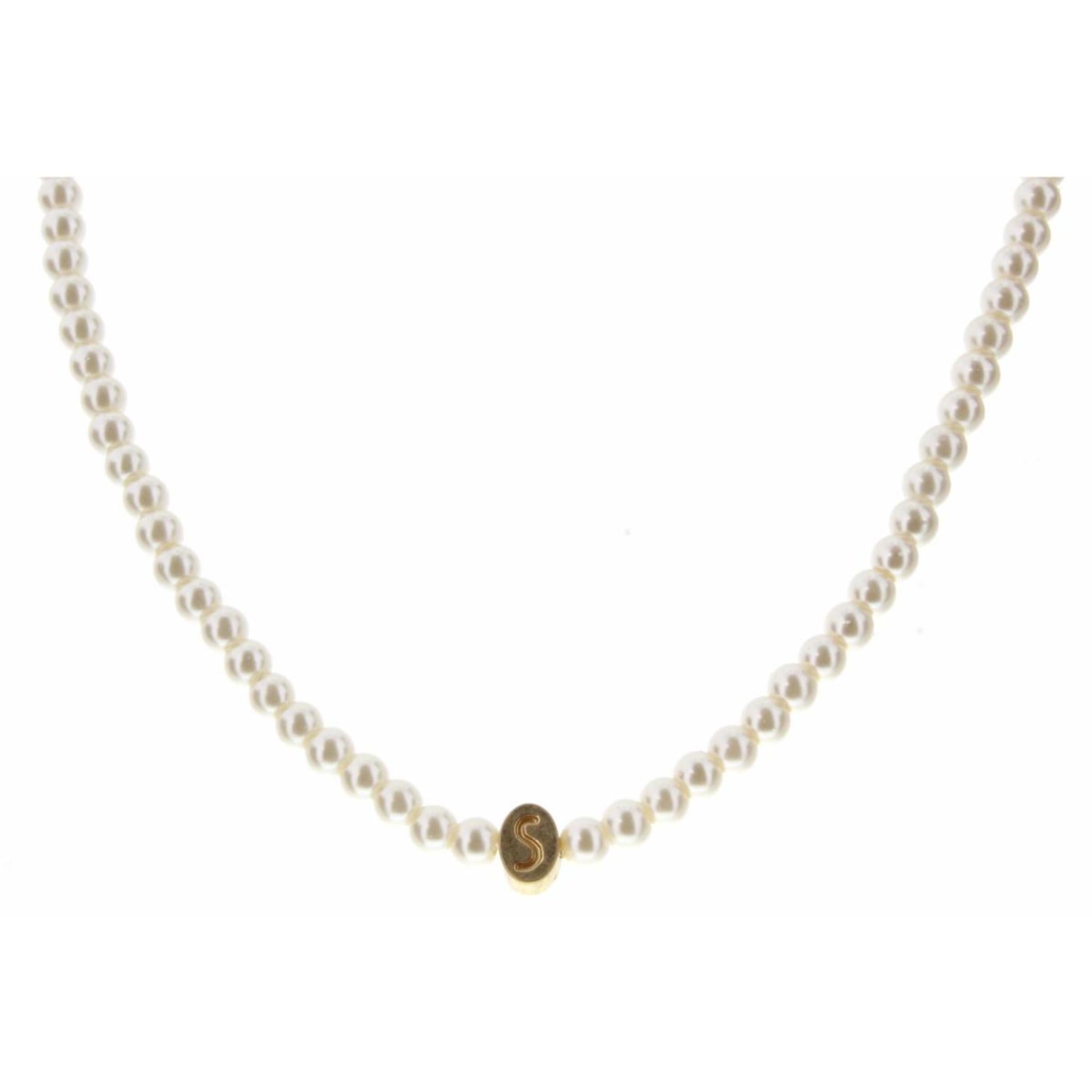 Kids 14" Gold "S" Initial on Pearl Strand Necklace, 3" Ext