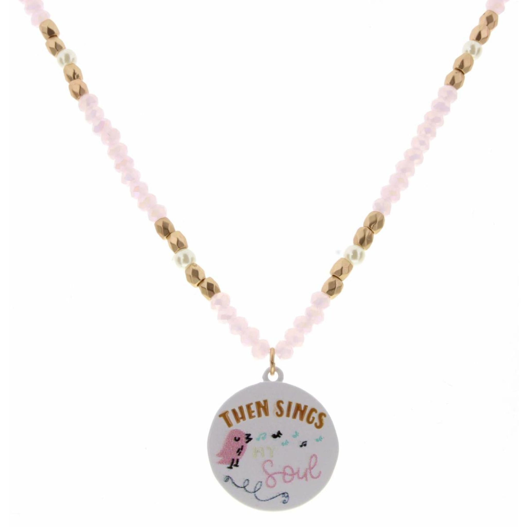 Kids 14" Pink & Gold Beaded with "Then Sings My Soul" Singing Bird Disk Necklace, 2" Ext