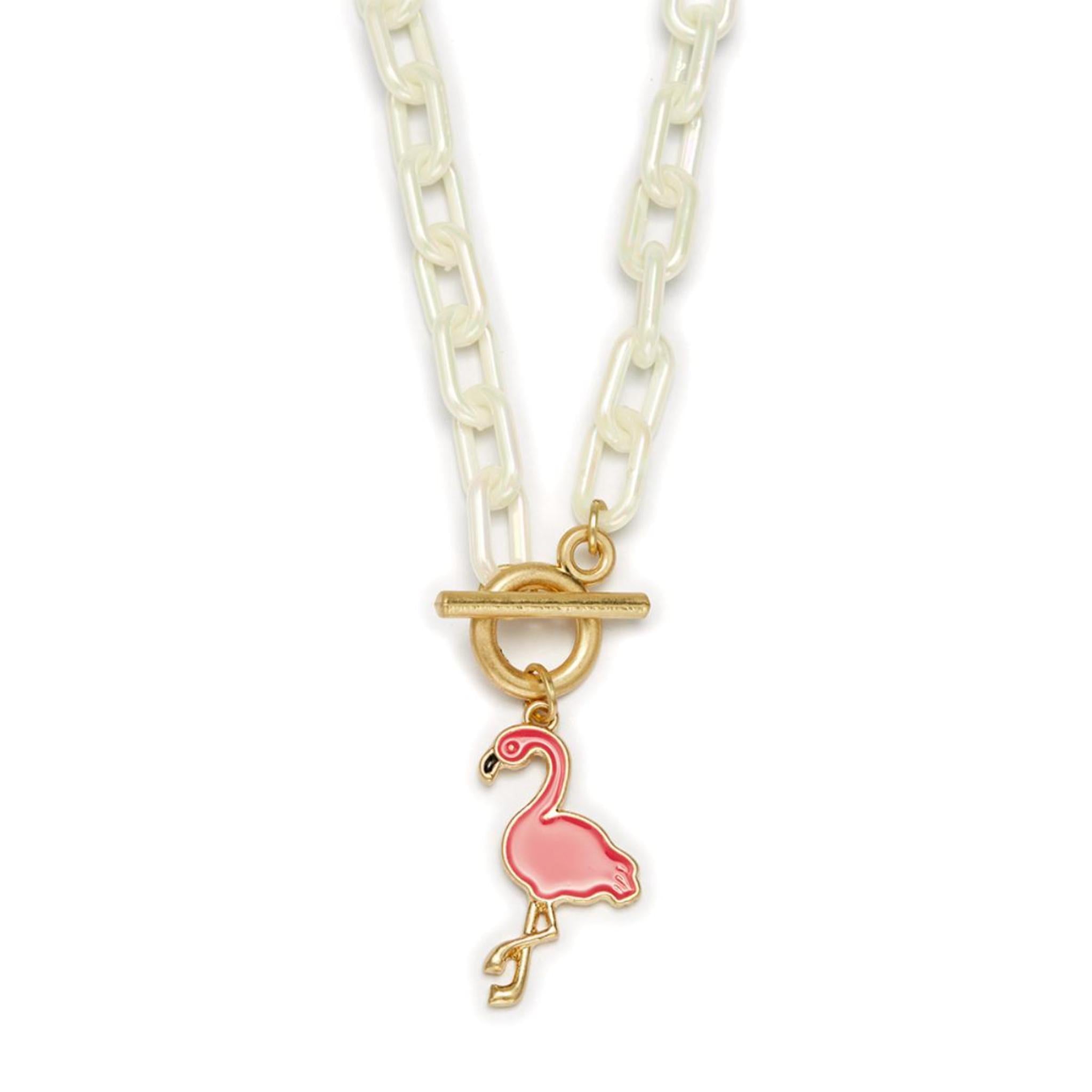 Kids 15" Flamingo Charm with Pearly White Chunky Link Chain Necklace
