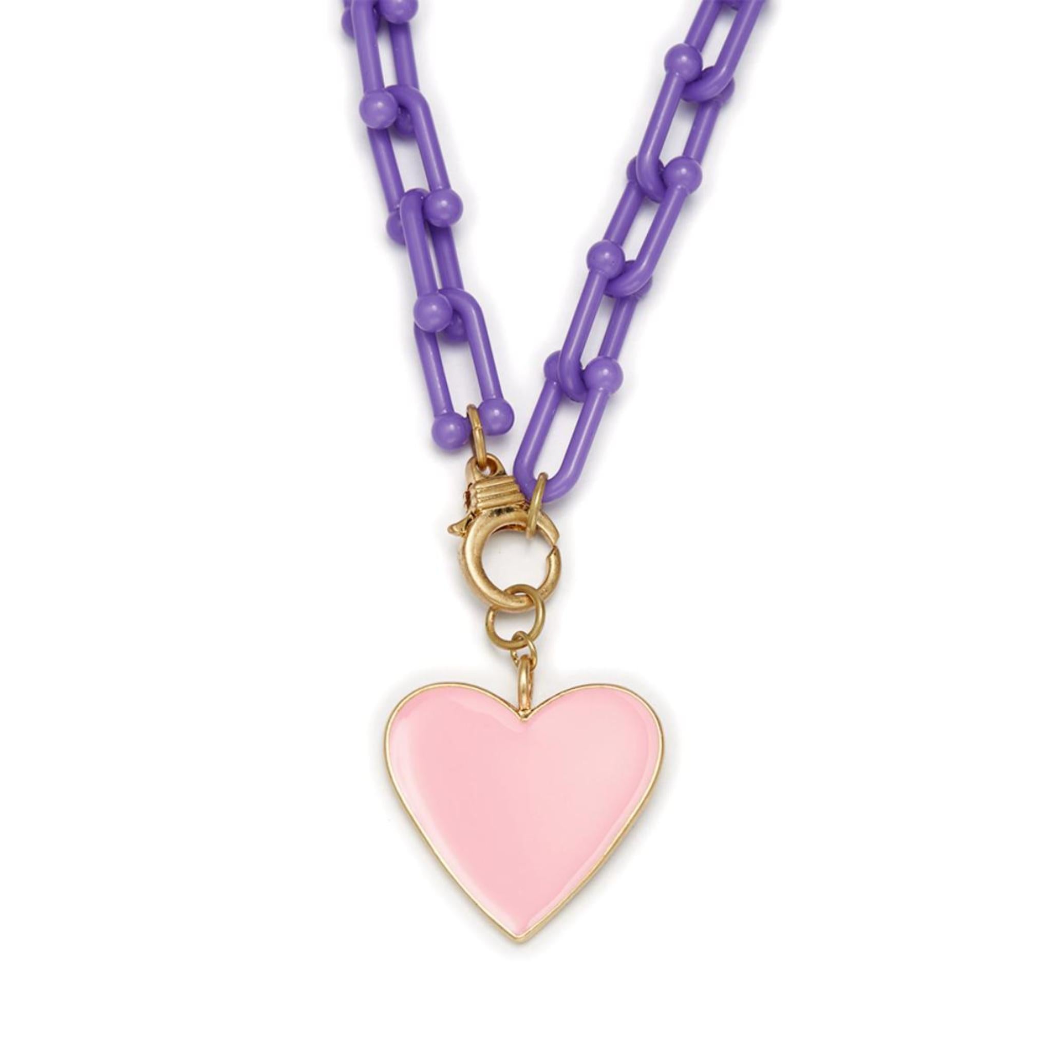 Kids 15" Pink Heart Charm with Purple Chunky Link Chain Necklace