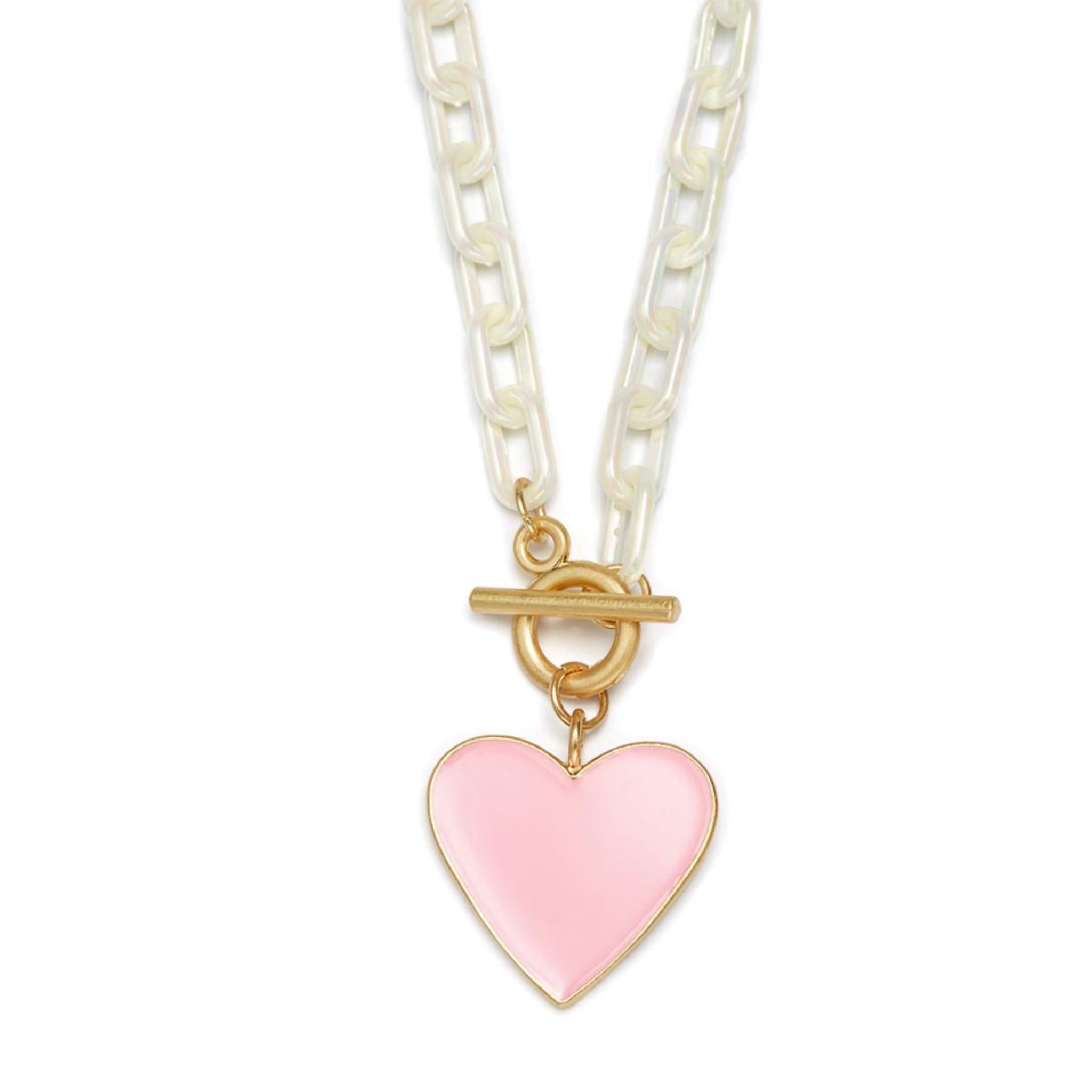 Kids 15" Pink Heart Charm with Pearly White Chunky Link Chain Necklace
