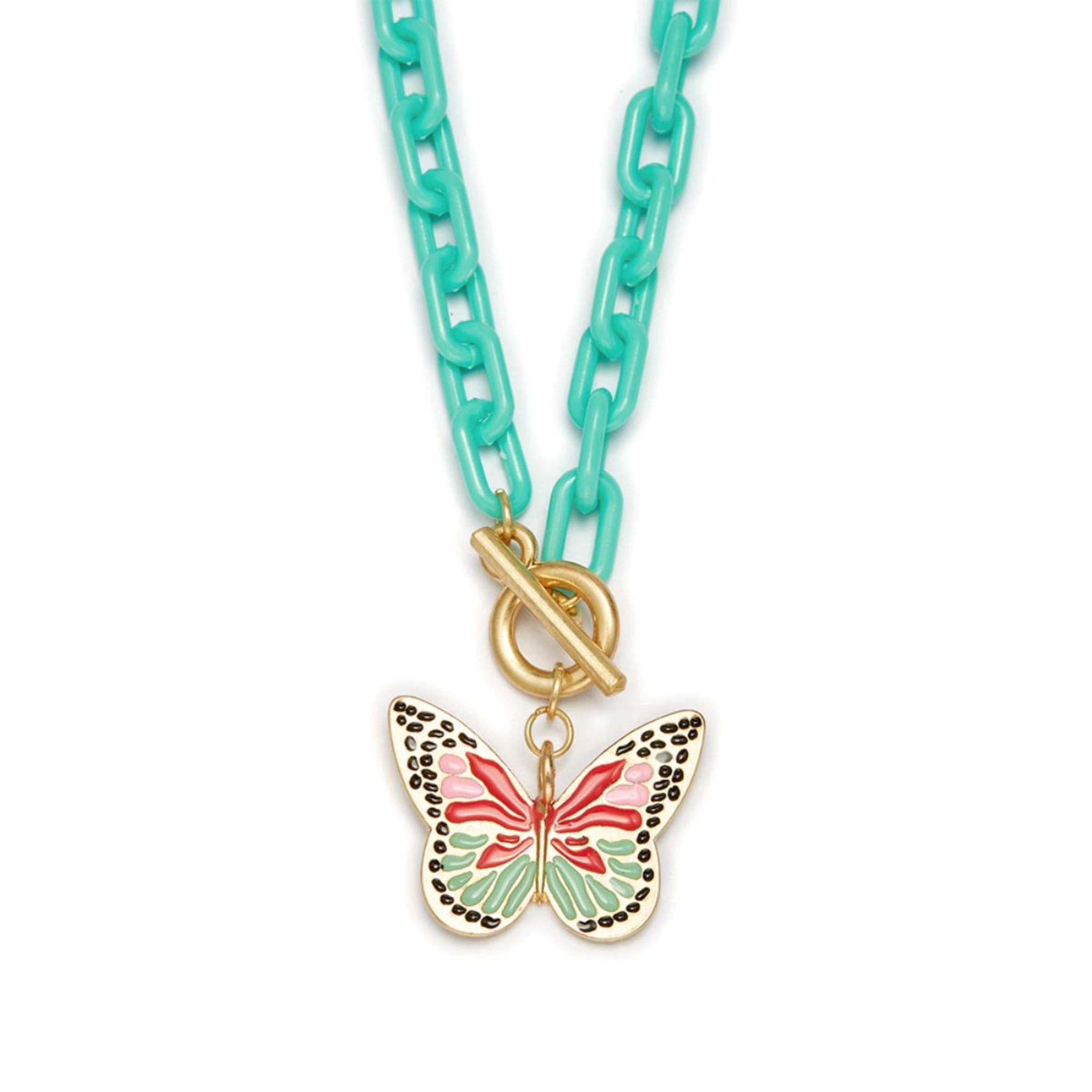 Kids 15" Butterfly Charm with Turquoise Chunky Link Chain Necklace