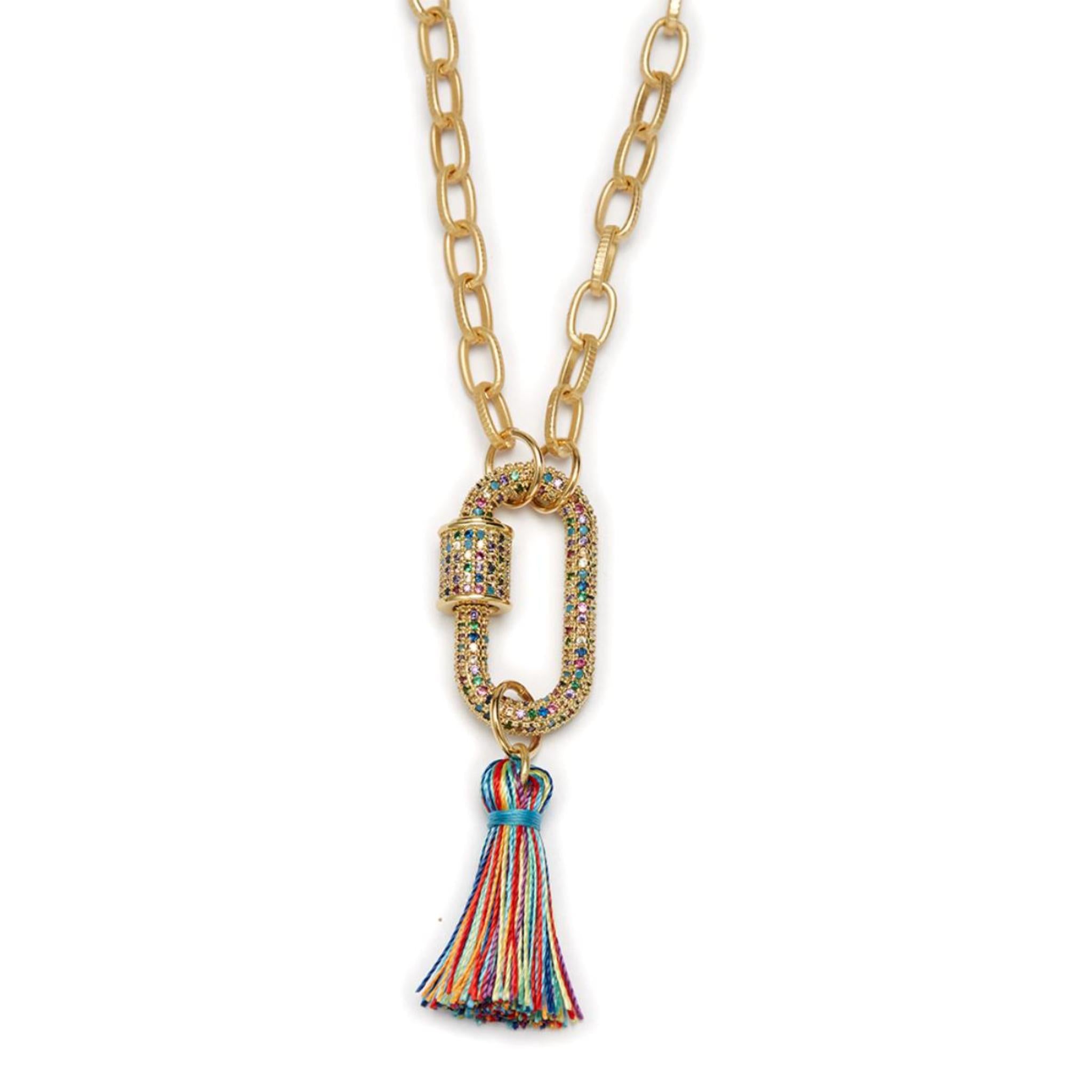 Kids 14" Multi Crystal Oval Carbiner with Multi Tassel Necklace, 3" Ext