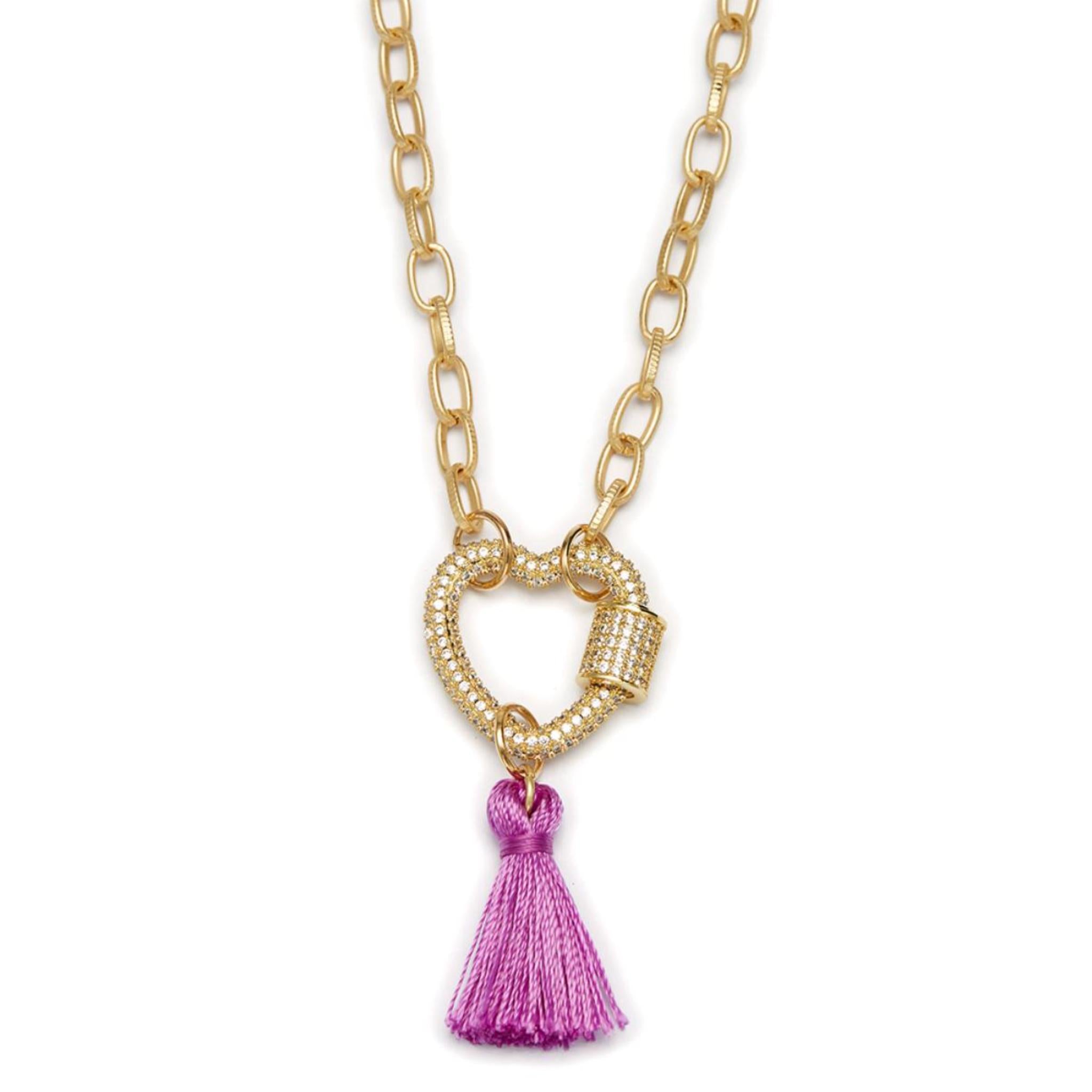 Kids 14" Gold Crystal Heart Carabiner with Purple Tassel Necklace, 3" Ext