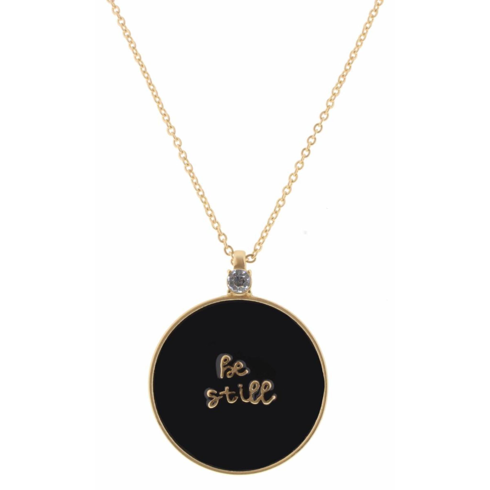 32" Black Epoxy "Be Still" Circle with Clear Crystal Necklace