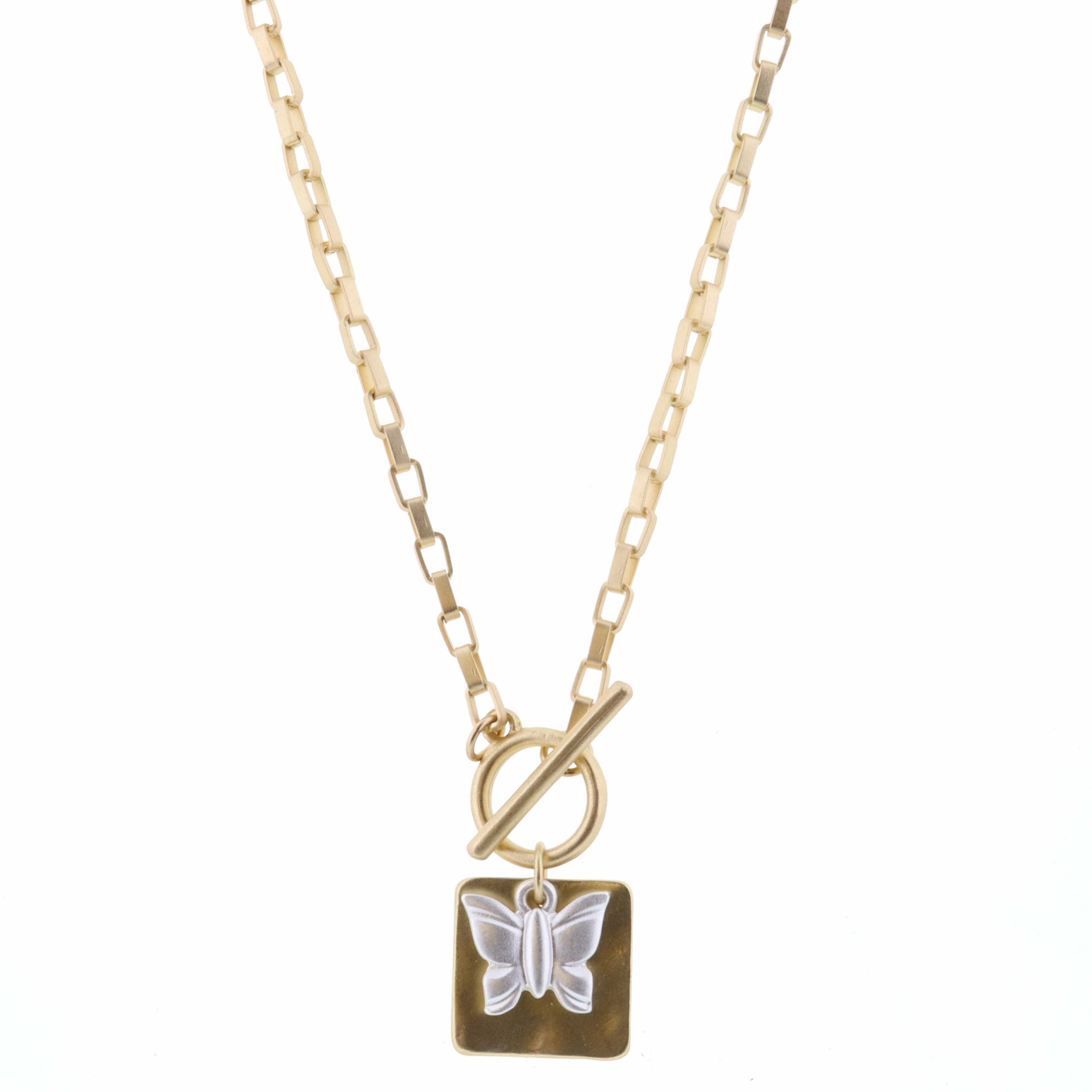 16" Silver Butterfly and Gold Square on Gold Chain Necklace, 3" Ext