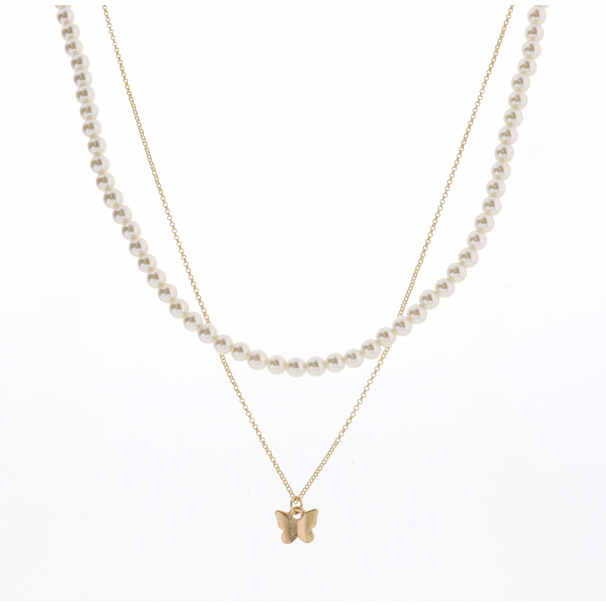 16", 18" 2 Layer Pearl Chain and Gold Butterfly Necklace, 3" Ext