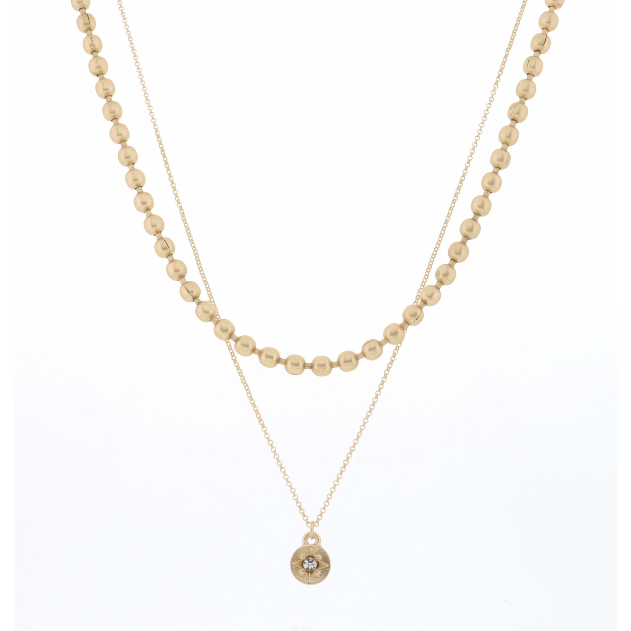 16", 18" 2 Layer Gold Bead Chain and Textured Disc Necklace, 3" Ext