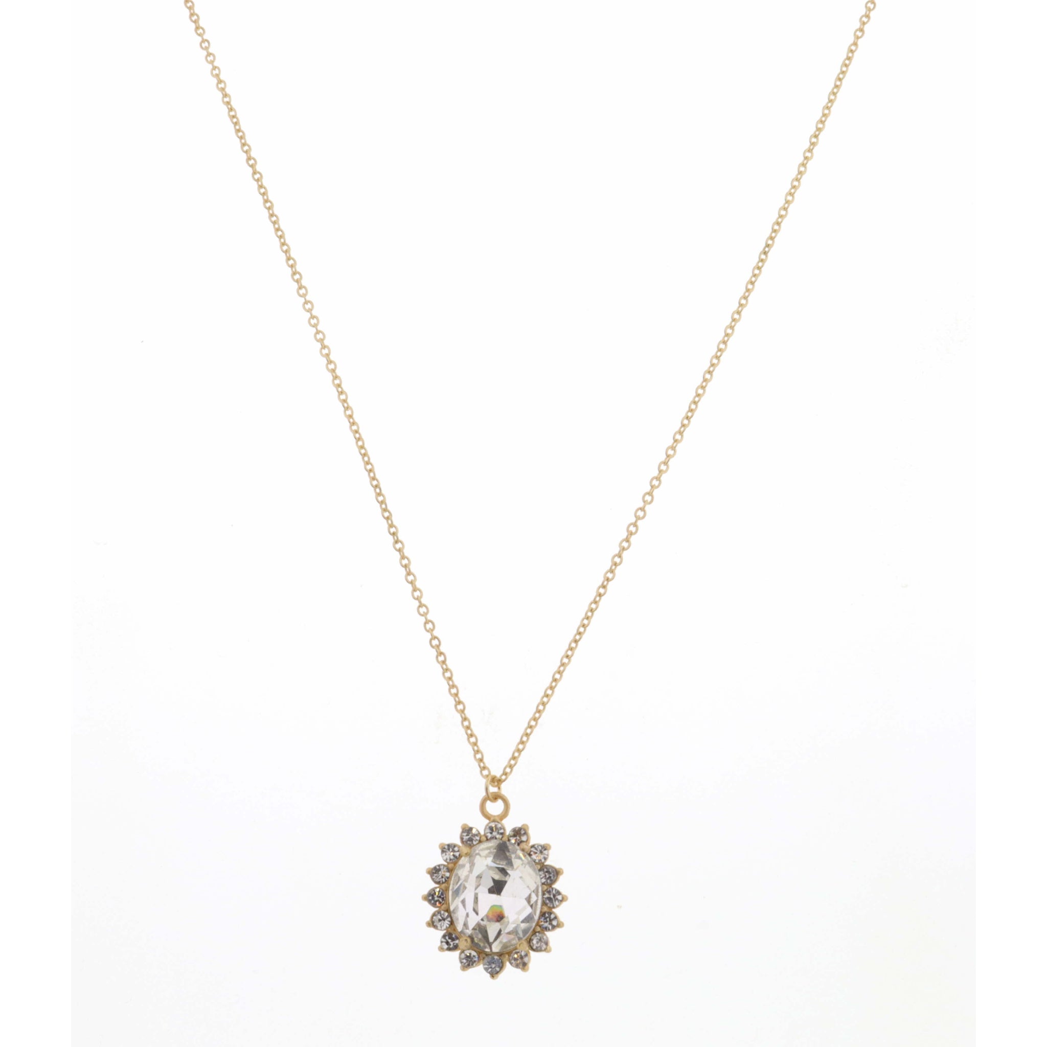18" Clear Oval Crystal Encased in Mini Clear Crystals Necklace, 3" Ext