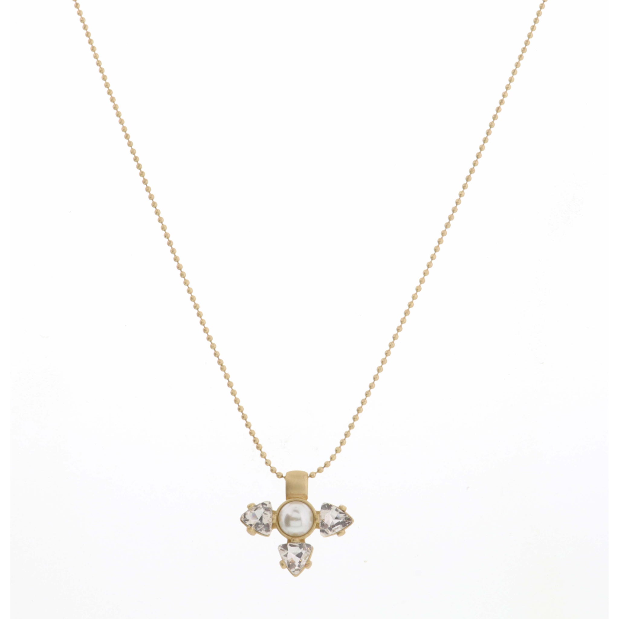 18" Small Encased Pearl with Clear Crystal Teardrops Necklace, 3" Ext