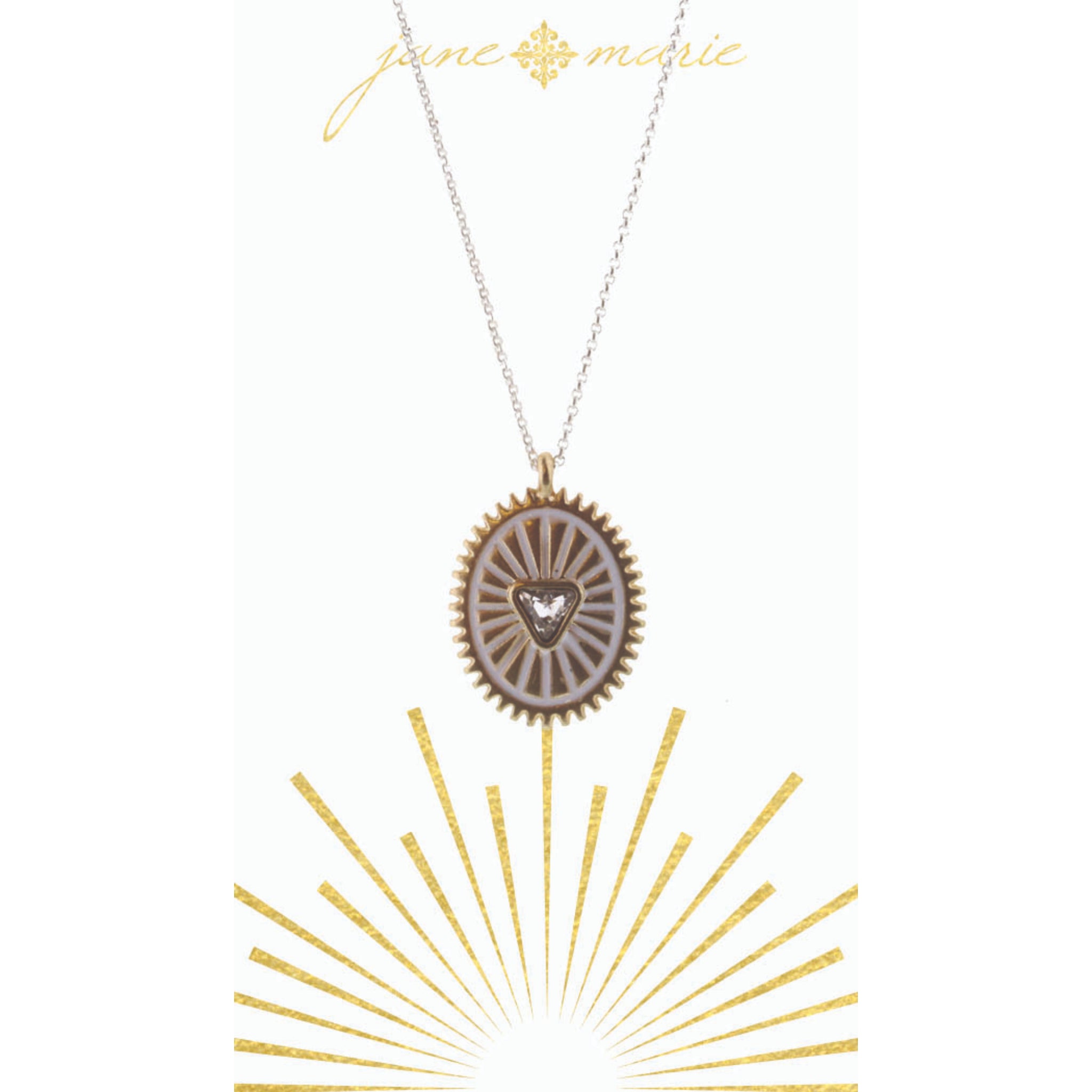 16" White Oval with Crystal Triangle on Silver Chain Necklace, 3" Ext