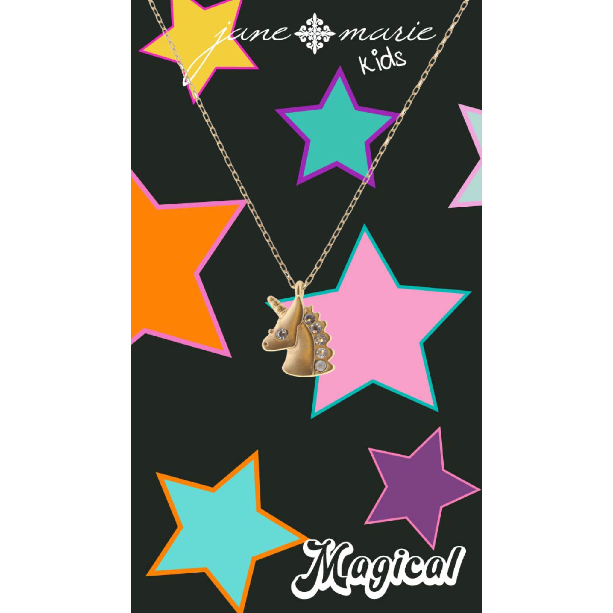 Kids 14" Gold & Clear Crystal Unicorn Head Necklace, 3" Ext