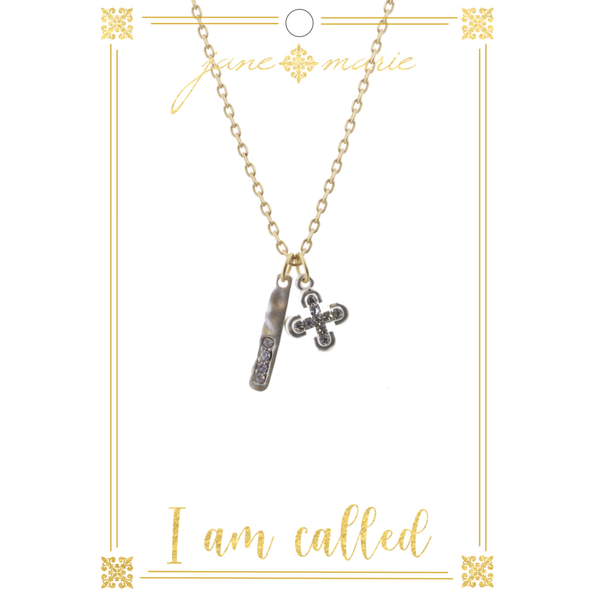 16" Silver Clover Cross and Bar on Gold Chain Necklace, 3" Ext