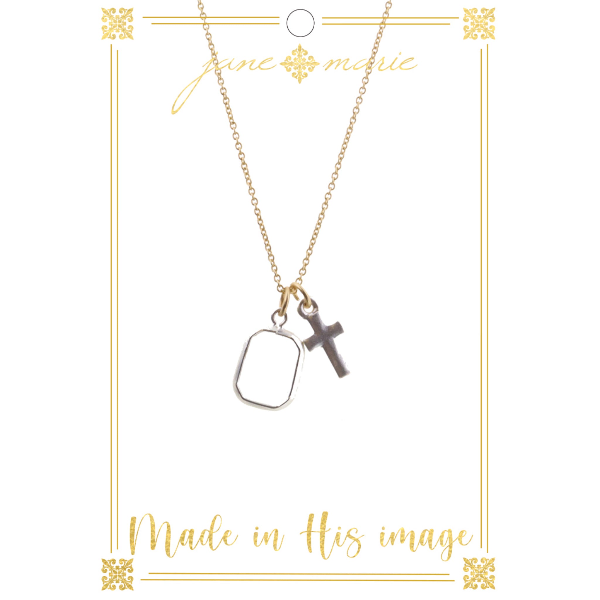 16" Clear Stone with Silver Cross on Gold Chain Necklace, 3" Ext