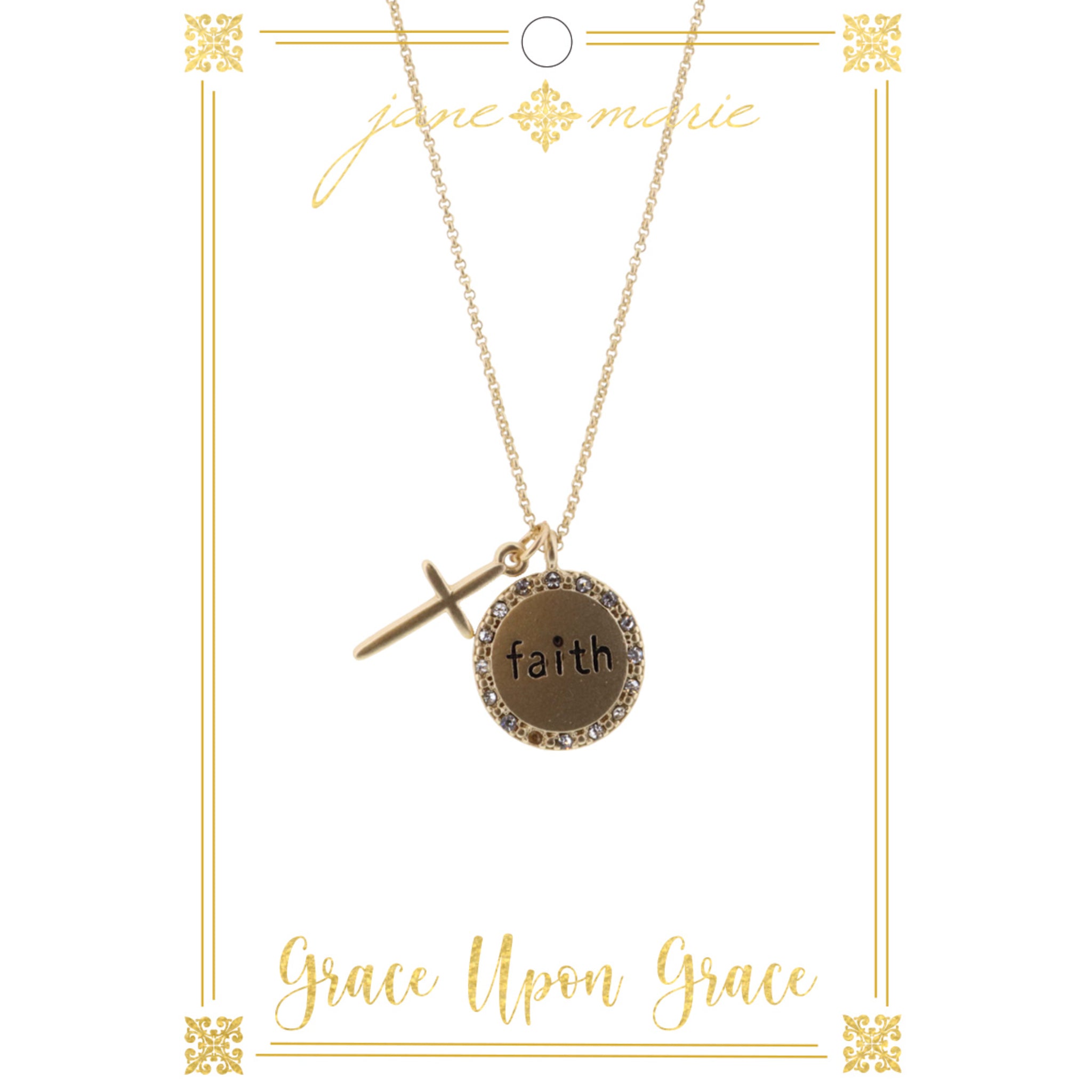 16" Faith Circle Disc with Gold Cross on Gold Chain Necklace, 3" Ext
