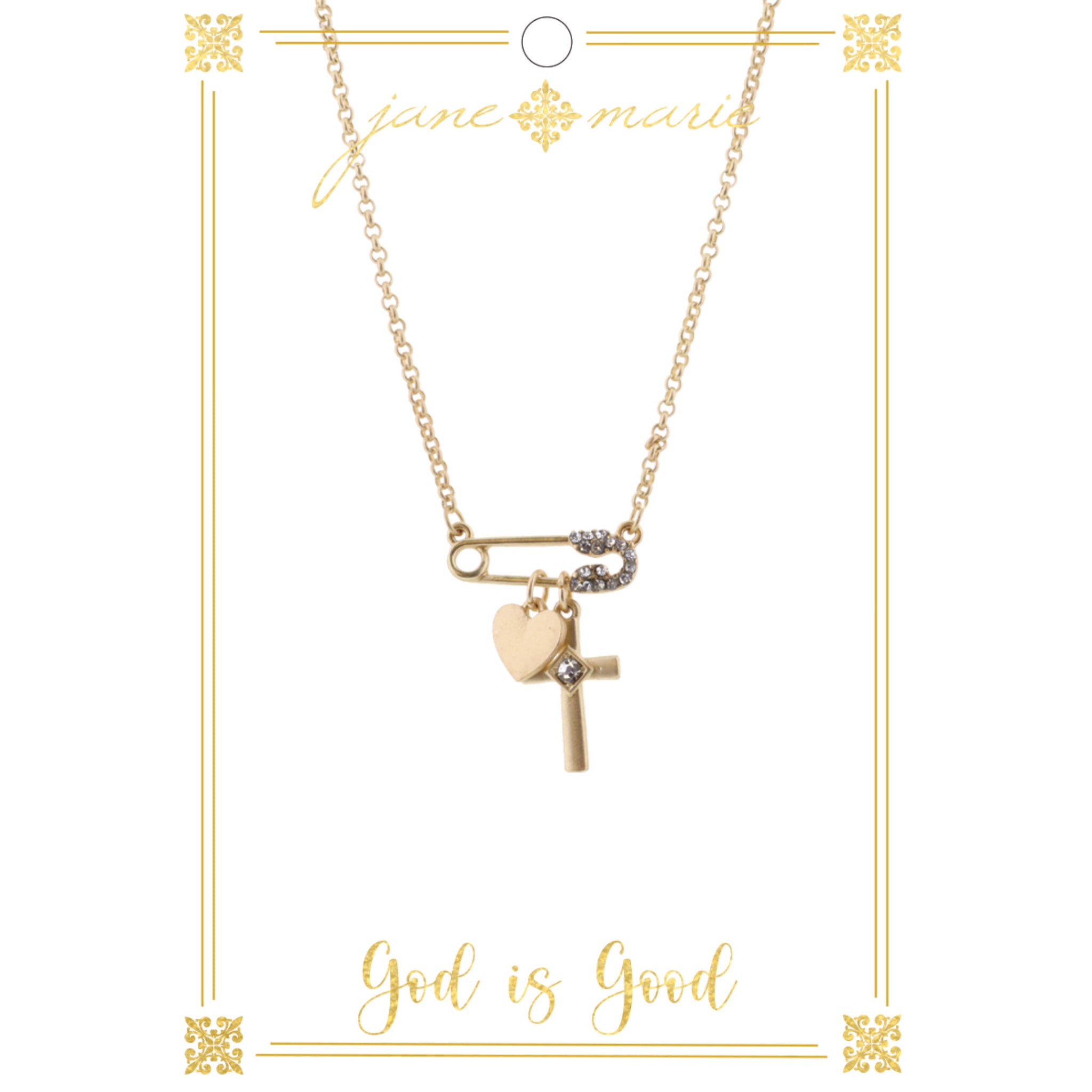 16" Gold Pin with Cross and Heart Charms on Gold Chain Necklace, 3" Ext