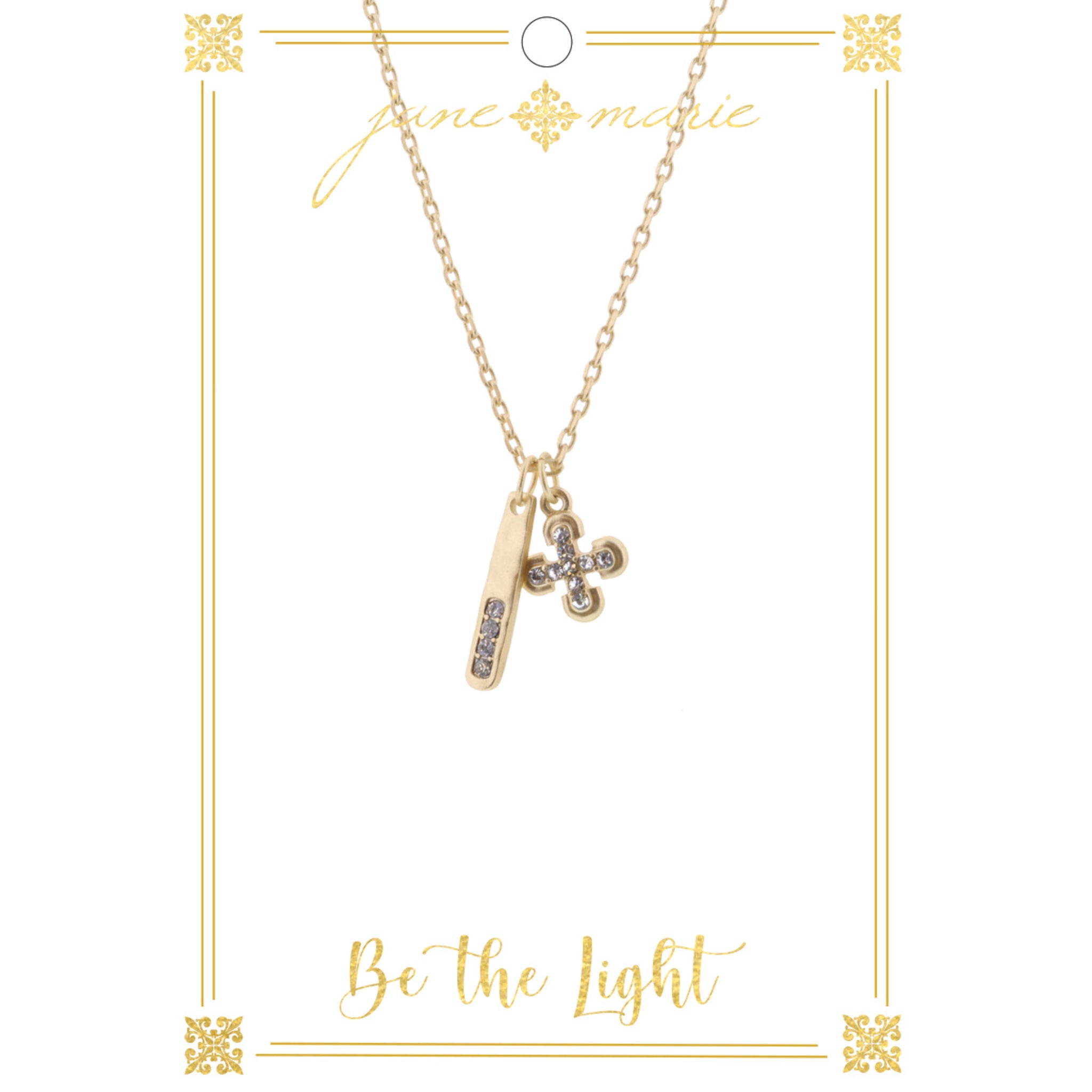 16" Gold Clover Cross and Bar on Gold Chain Necklace, 3" Ext