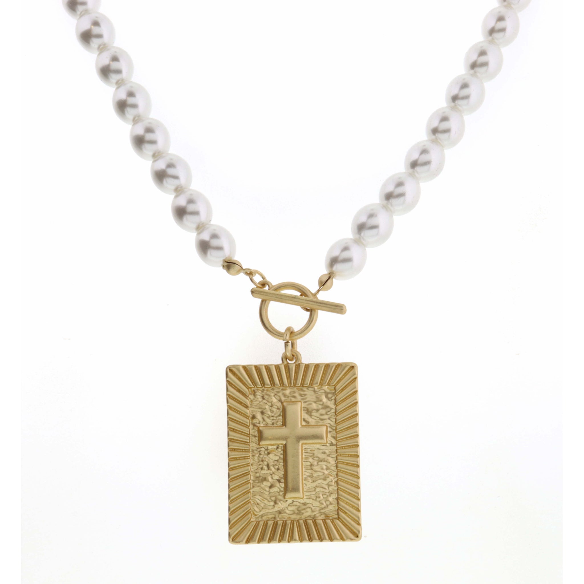 18" Raised Edge Rectangle with Cross on Pearl Necklace