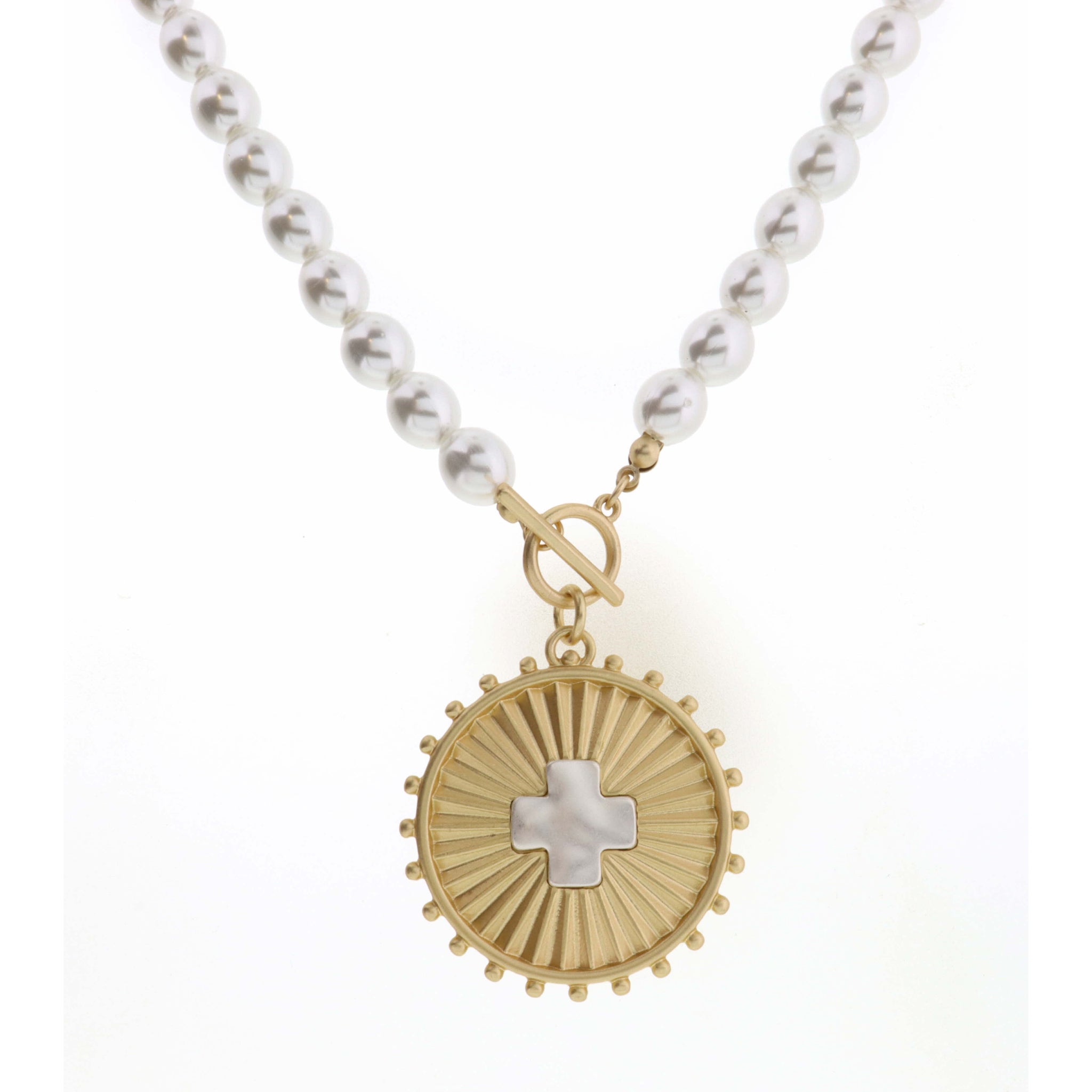 18" Textured Gold Circle with Silver Cross on Pearl Necklace
