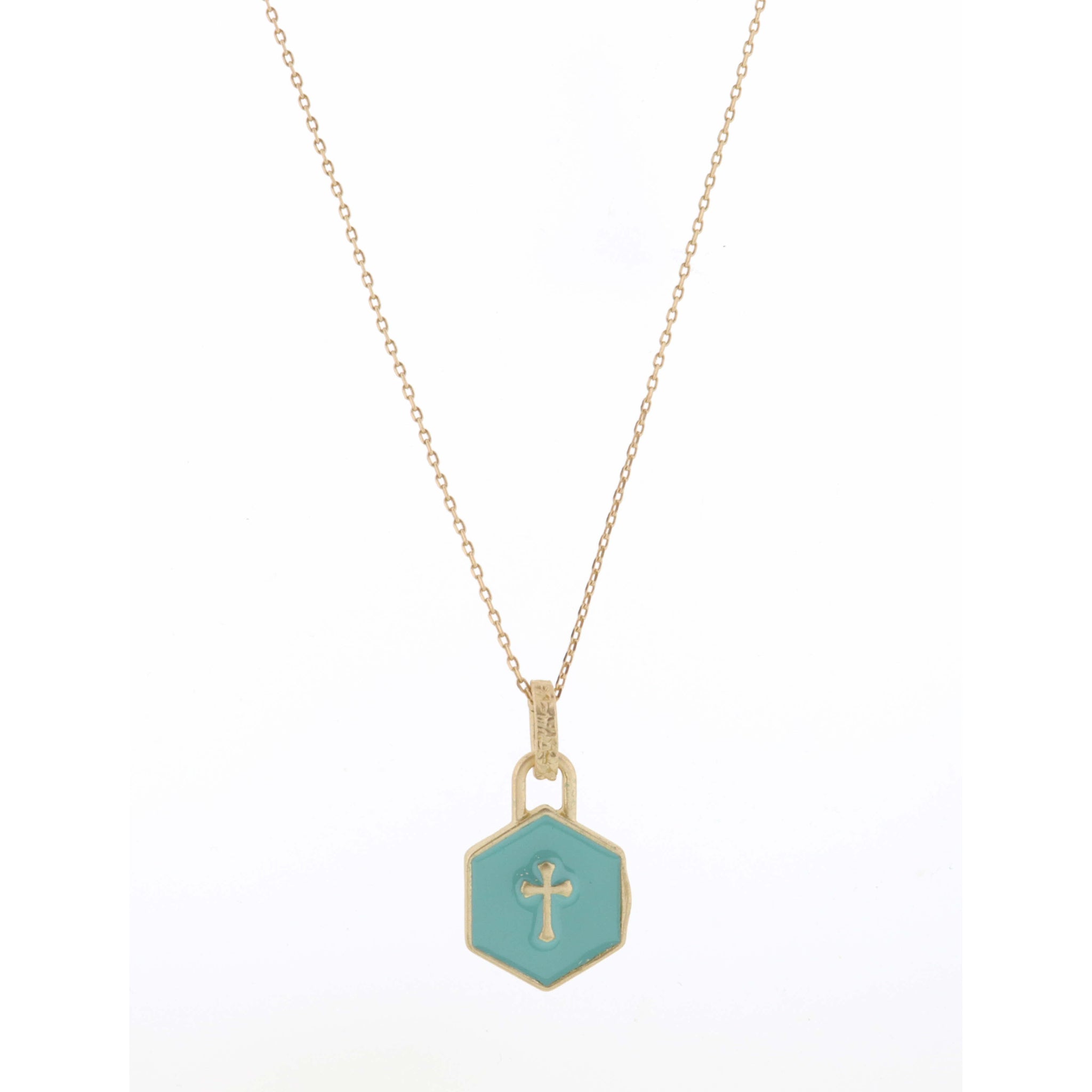 Kids 14" Mint Hexagon with Cross Center Necklace, 3" Ext