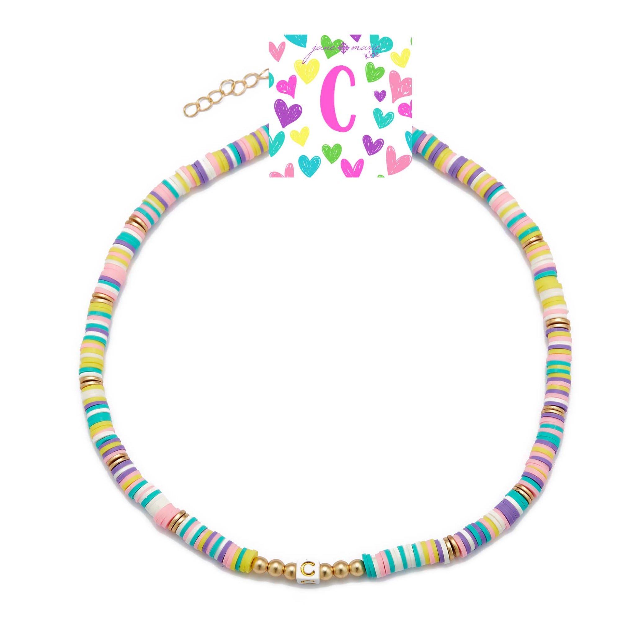 Kids 16" Multi Rubber Disk Beaded with White Block "C" Initial Kids Necklace, 3" Ext