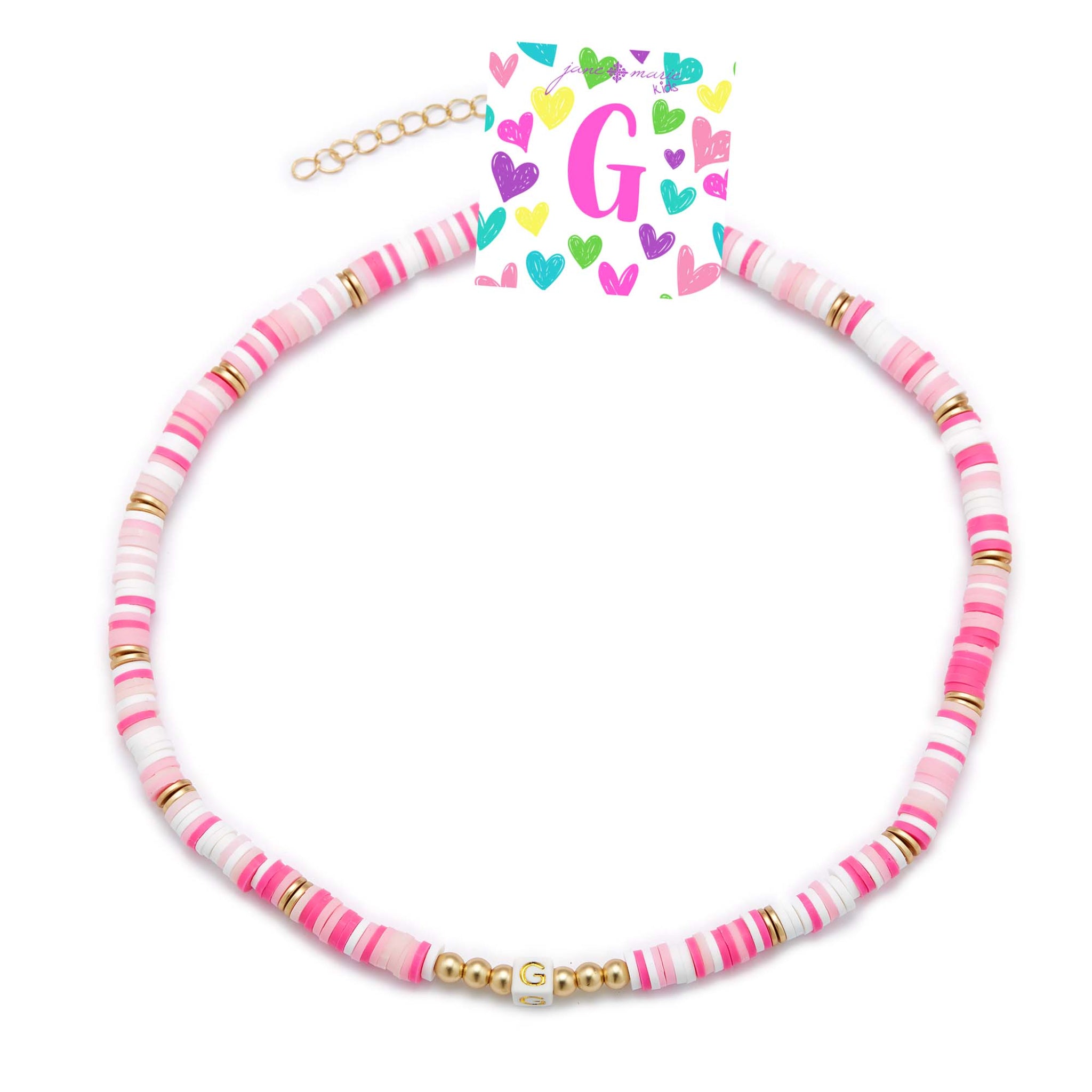 Kids 16" Multi Rubber Disk Beaded with White Block "G" Initial Kids Necklace, 3" Ext
