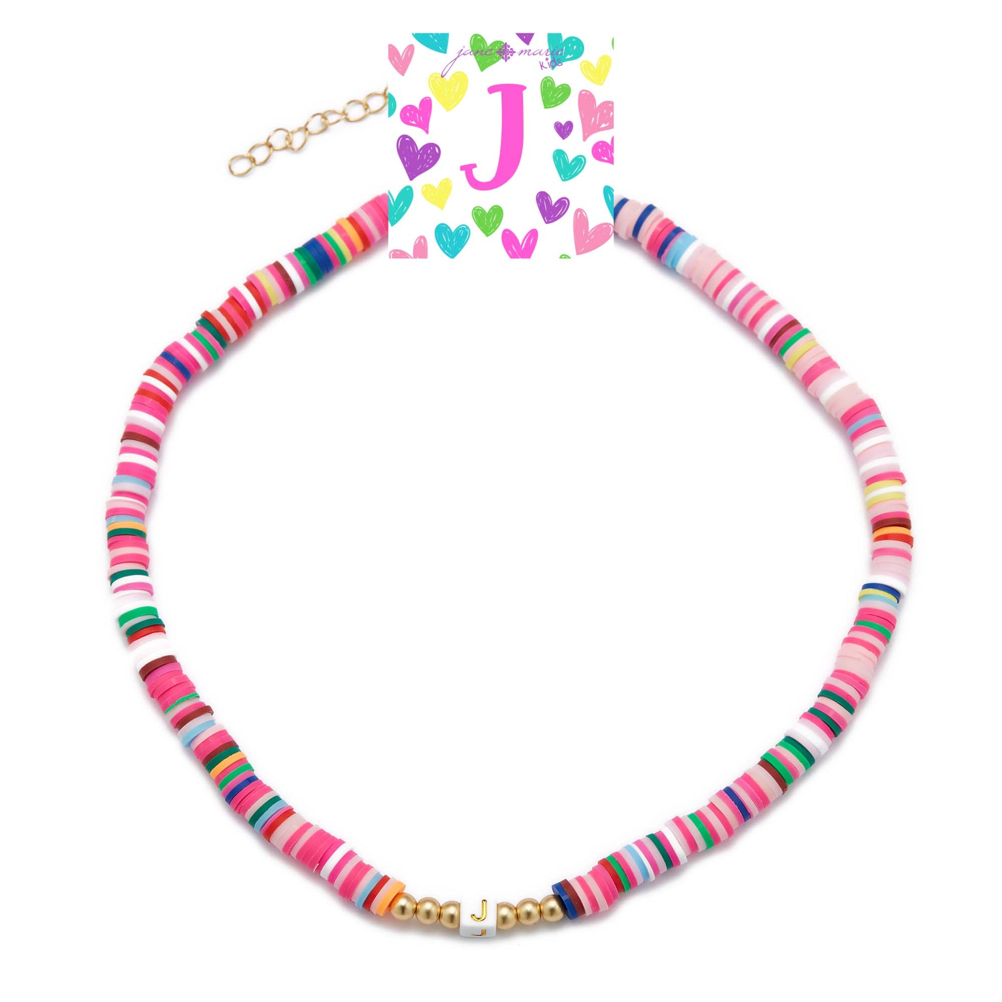 Kids 16" Multi Rubber Disk Beaded with White Block "J" Initial Kids Necklace, 3" Ext