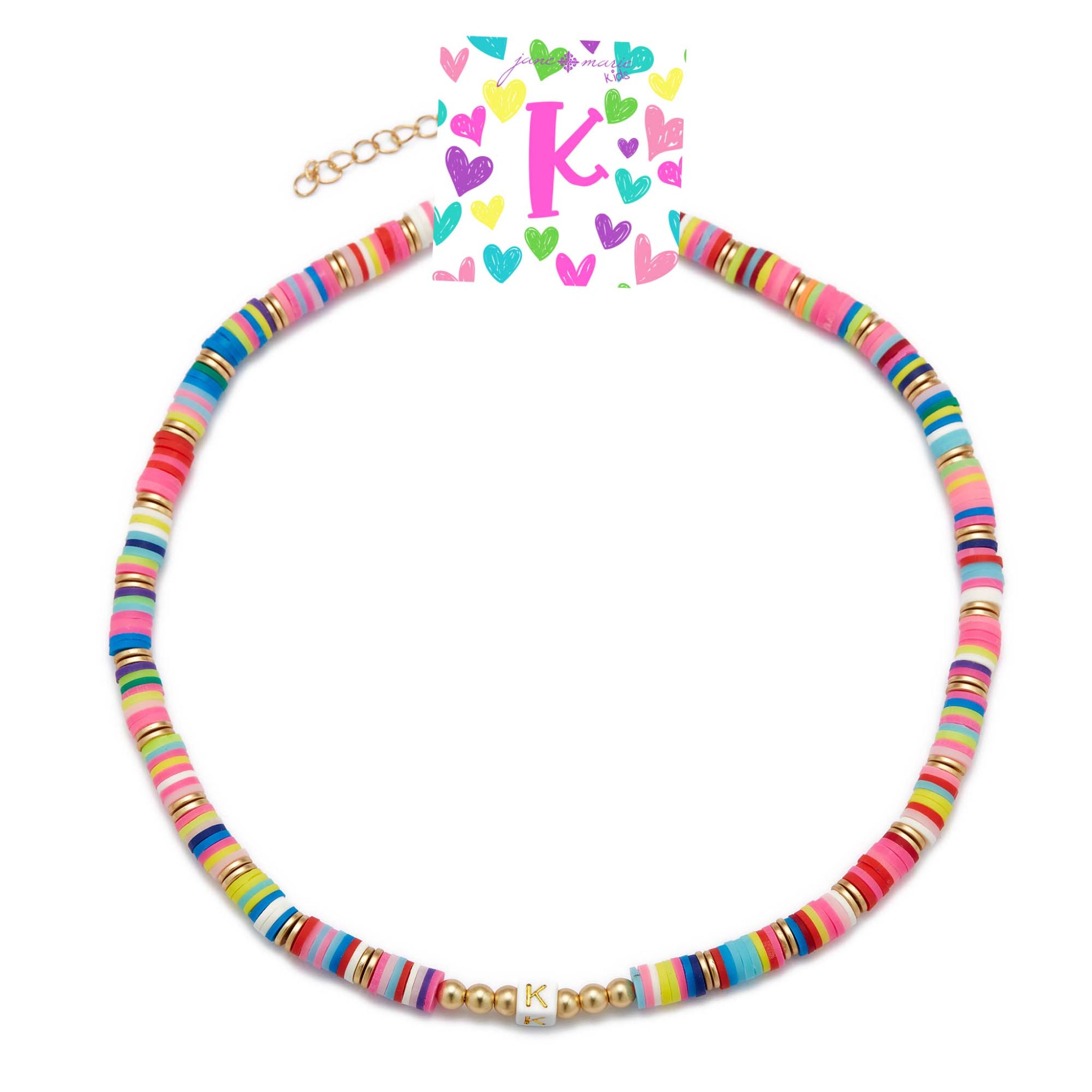 Kids 16" Multi Rubber Disk Beaded with White Block "K" Initial Kids Necklace, 3" Ext