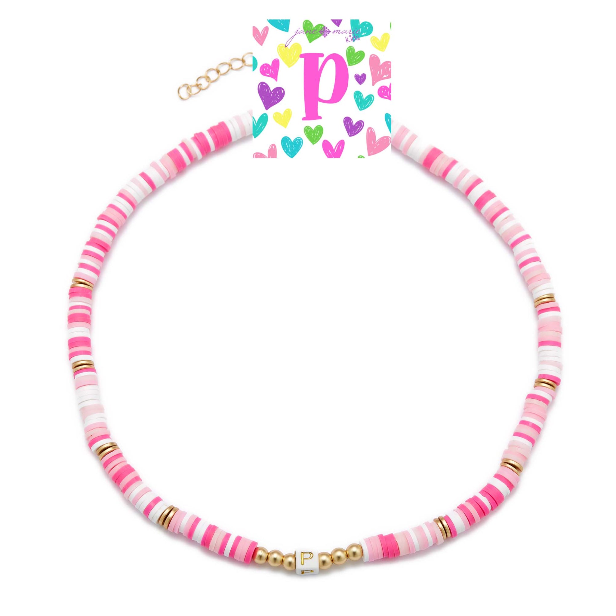 Kids 16" Multi Rubber Disk Beaded with White Block "P" Initial Kids Necklace, 3" Ext