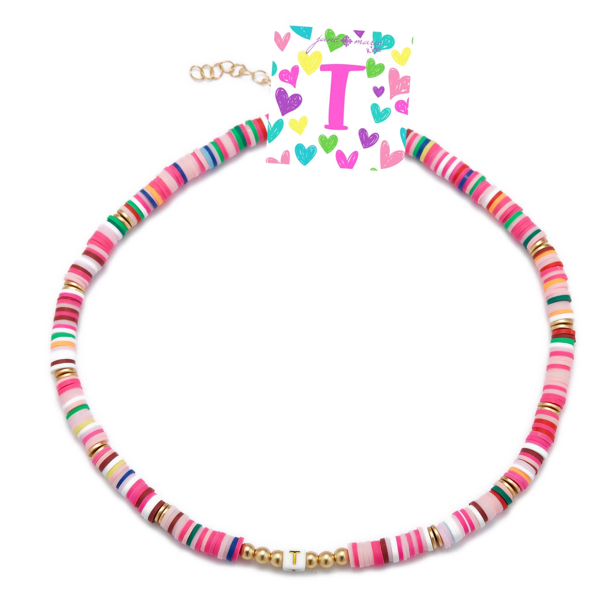 Kids 16" Multi Rubber Disk Beaded with White Block "T" Initial Kids Necklace, 3" Ext