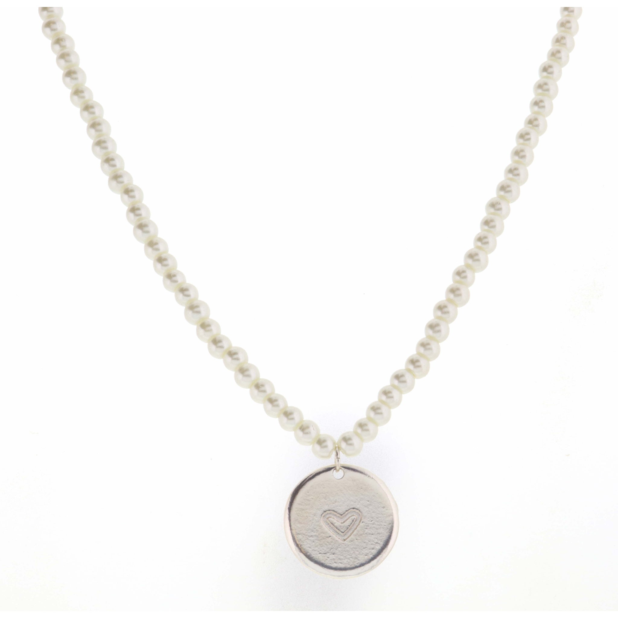 Kids 14" Pearl Body with Silver Disk with Heart Center Necklace, 3" Ext