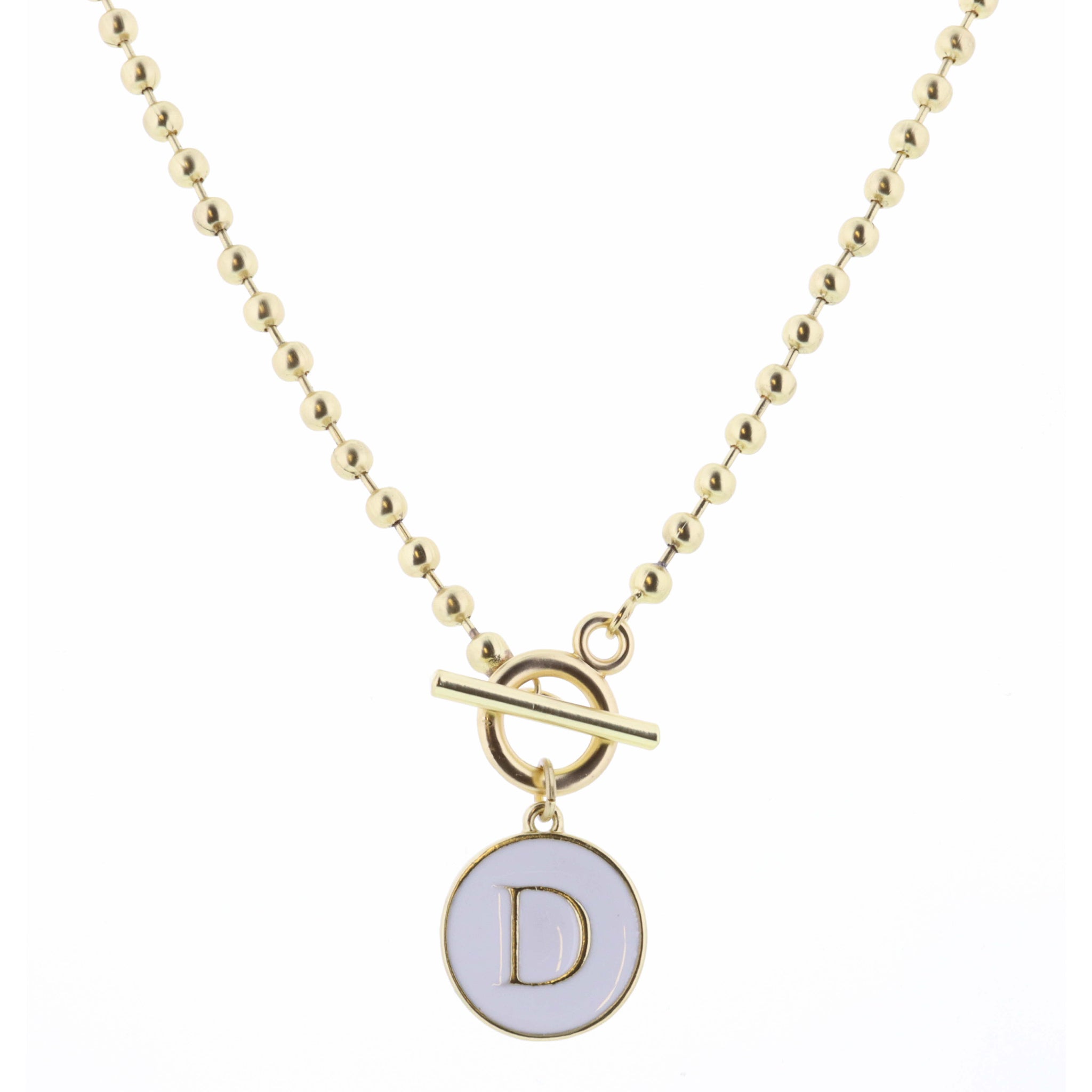 16" White Epoxy "D" Initial on Bead Chain with Toggle Necklace, 3" Ext