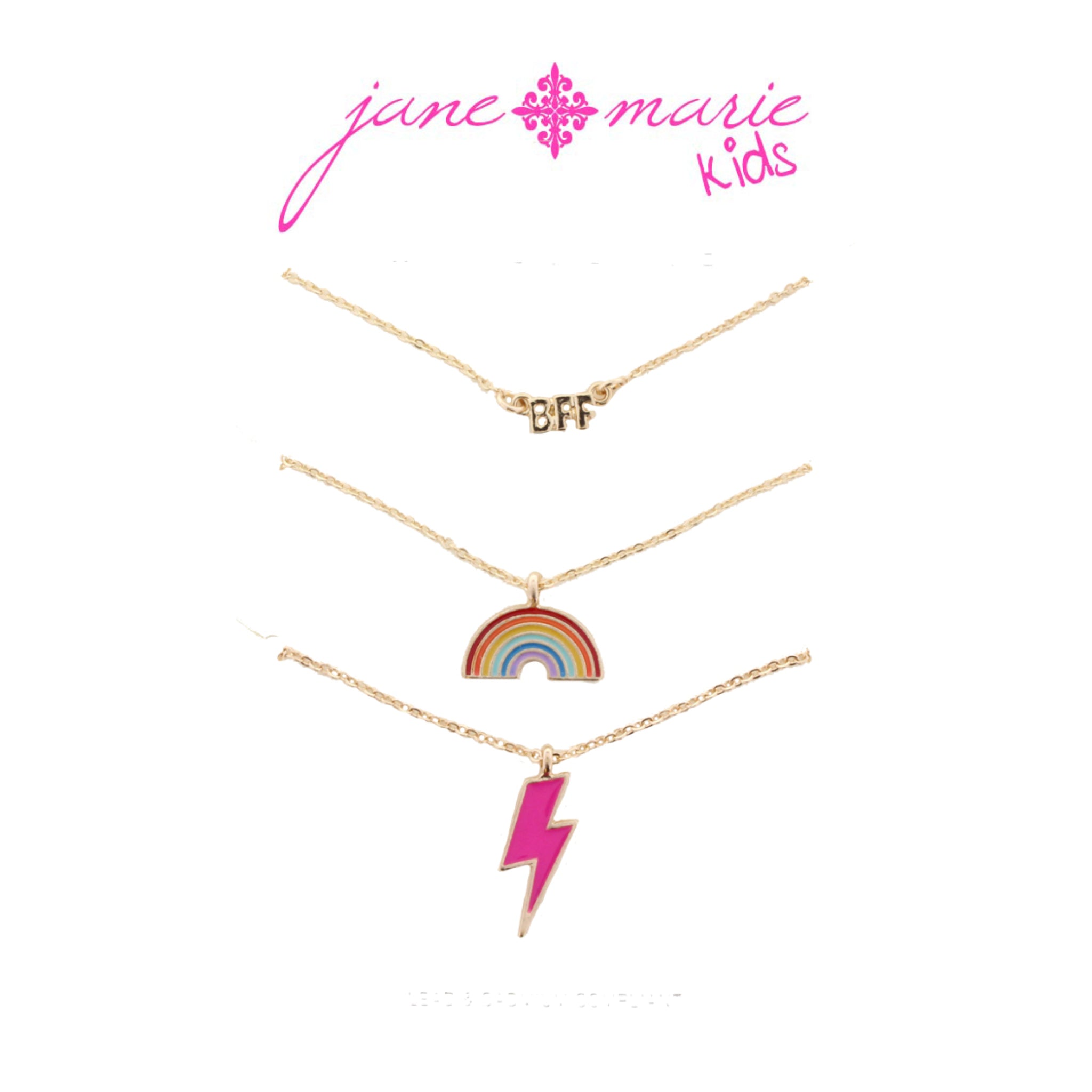 Kids 14" Set of 3, "BFF", Rainbow, Lightening Bolt Necklace, 3" Ext