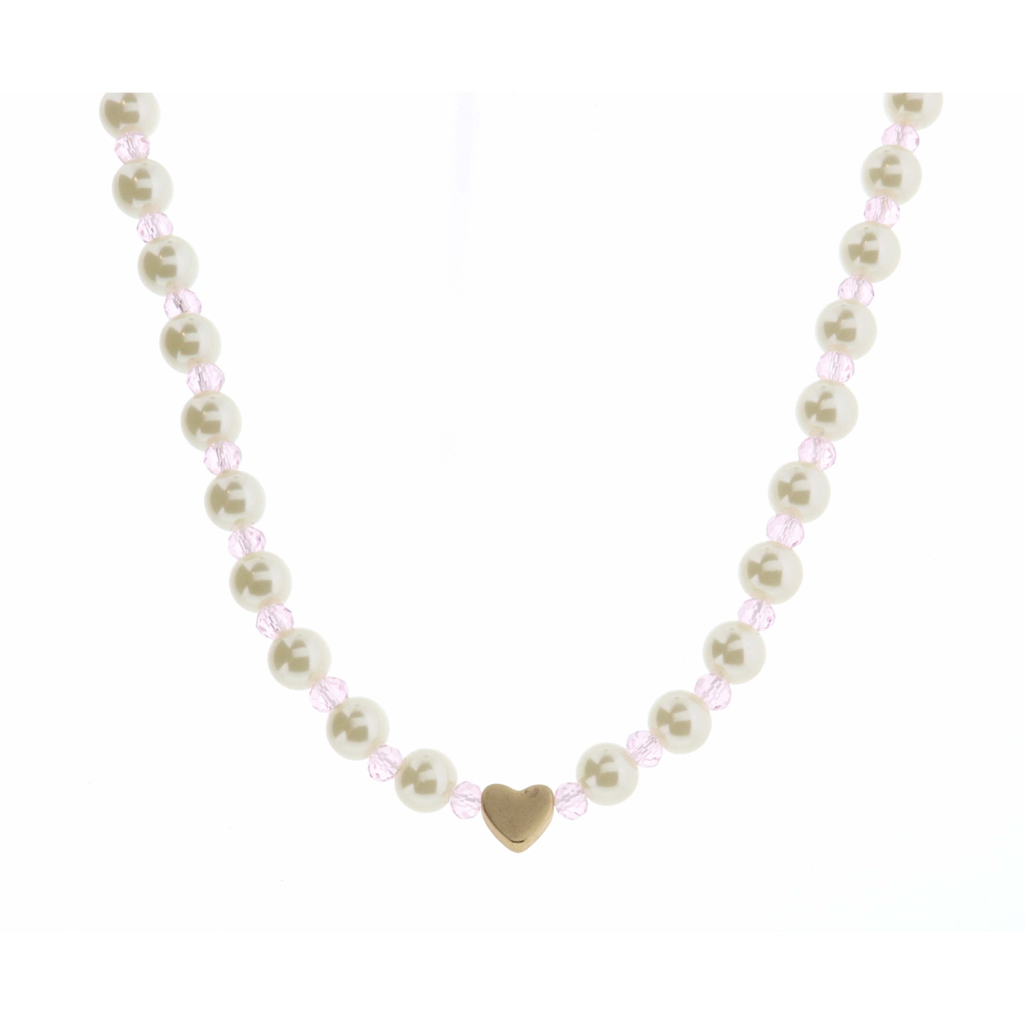 Kids 14" Pearl & Light Pink Faceted with Heart Necklace, 3" Ext