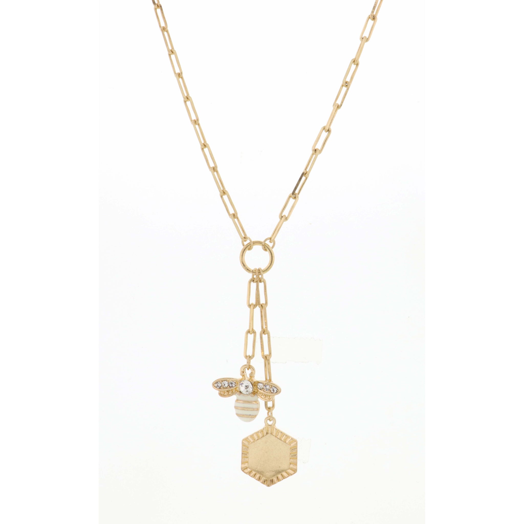 20" Gold Chain with Bee & Gold Hexagon Necklace, 3" Ext