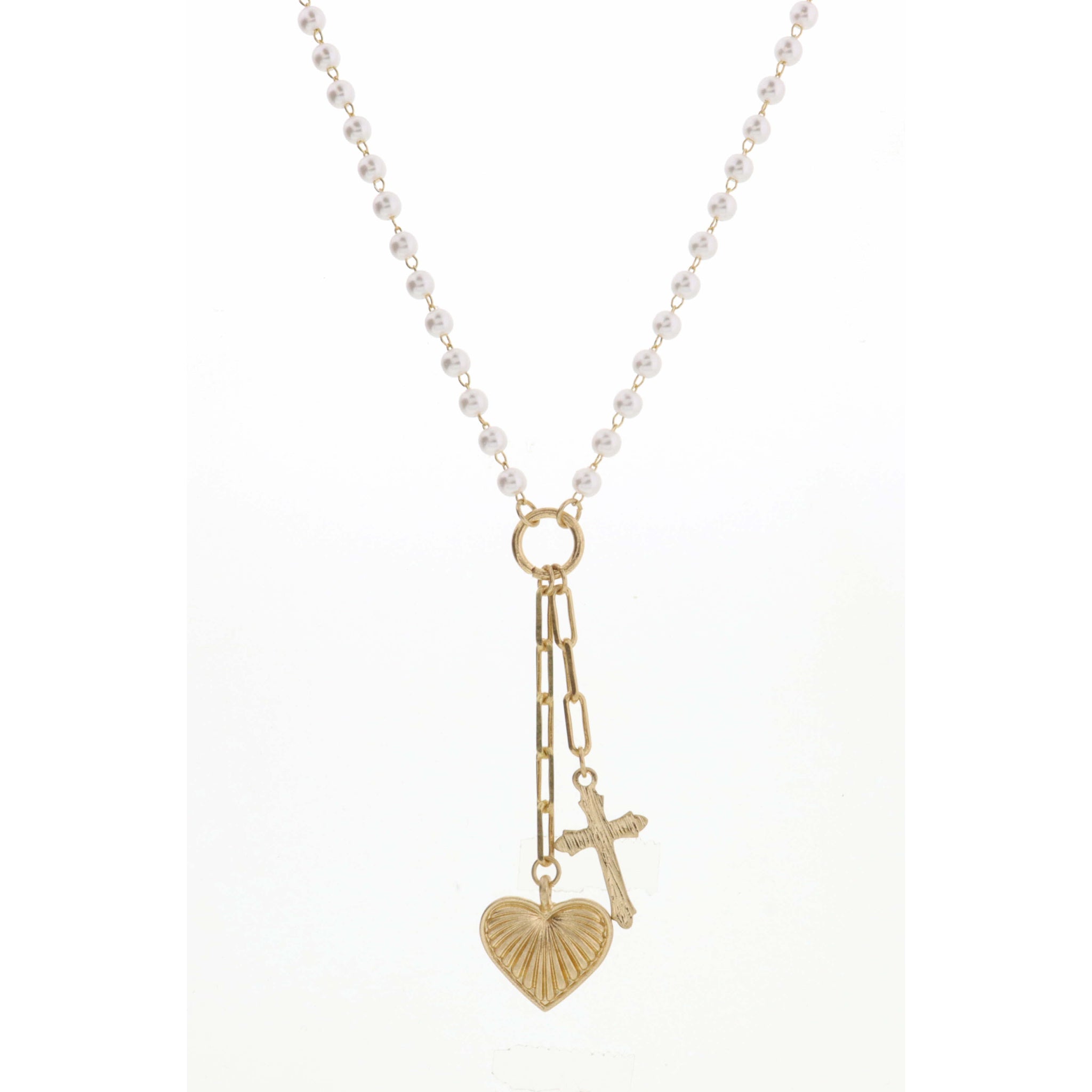 20" Pearl Chain with Cross & Heart Necklace, 3" Ext
