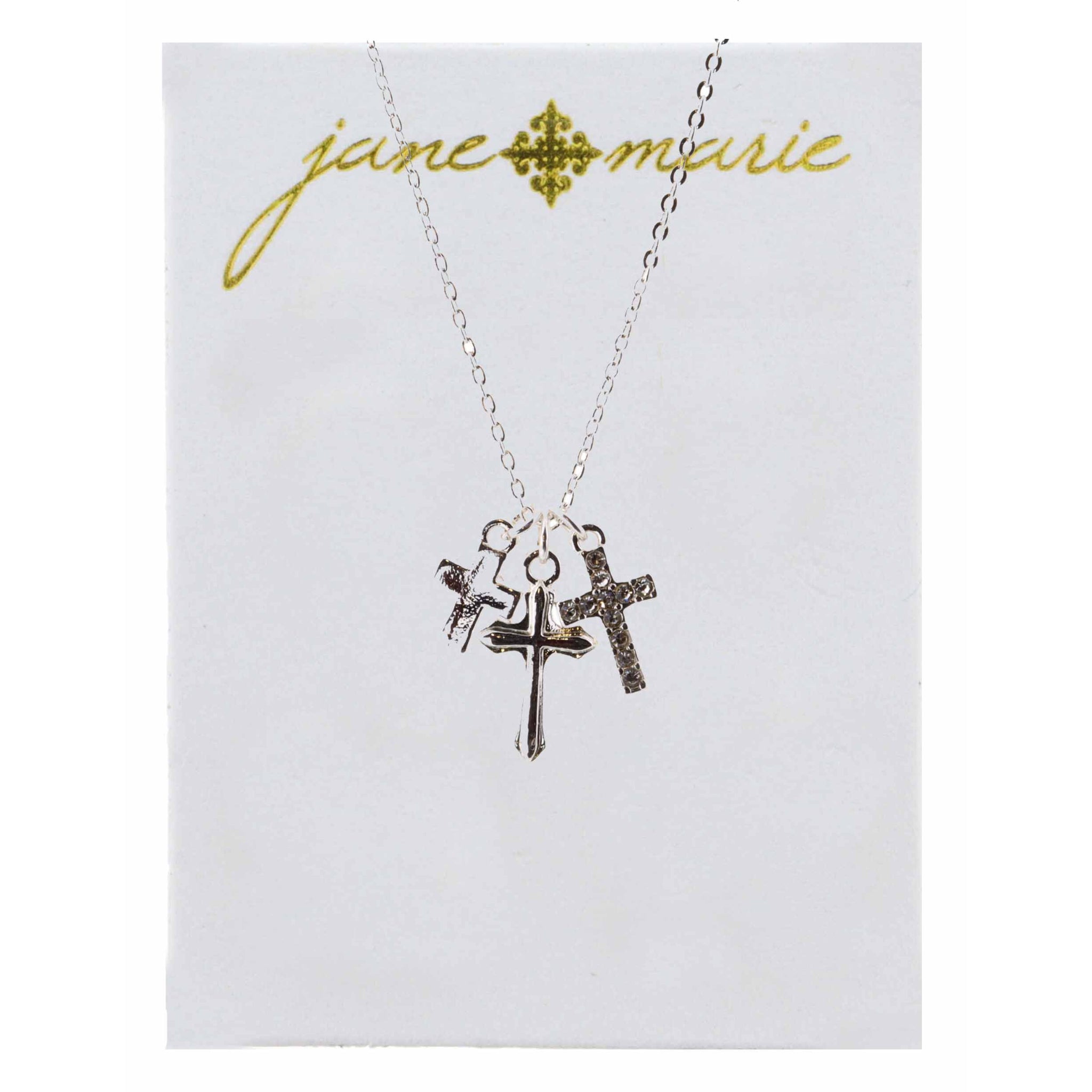 16" Silver Cross, Rhinestone Cross and Stamped Cross Necklace, 3" Ext